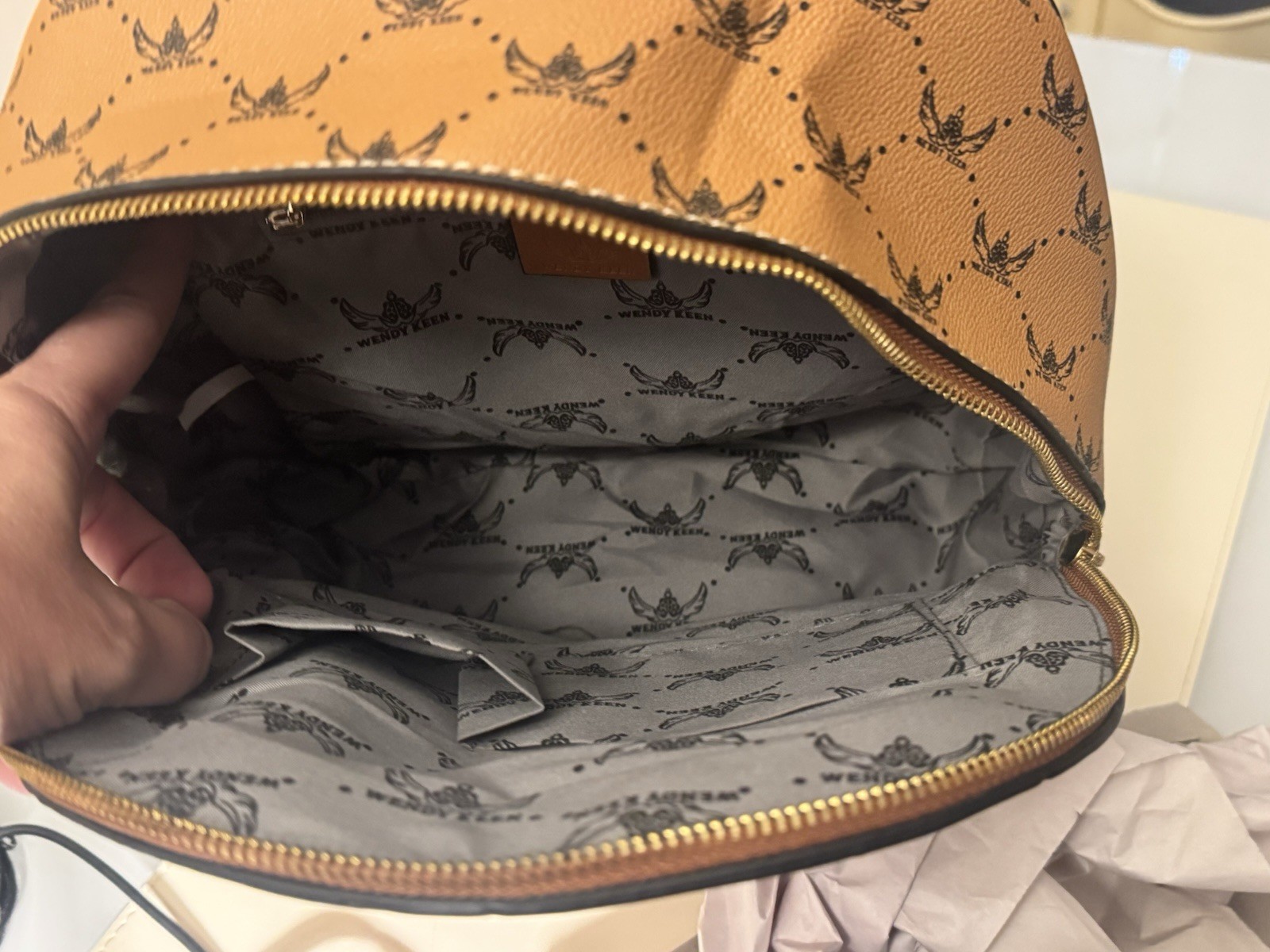 Wendy Keen Tan/Brown Logo Print Backpack w/ Zip, Pockets, Dust Bag