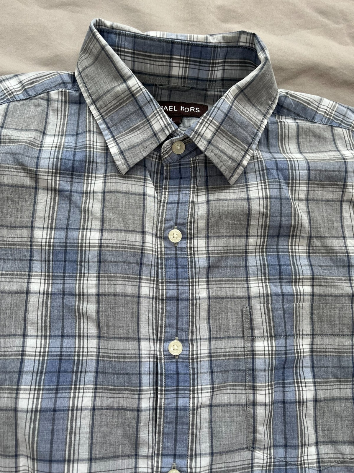 Michael Kors Men’s Blue Plaid Slim Fit Long Sleeved Button Up Shirt- Size M