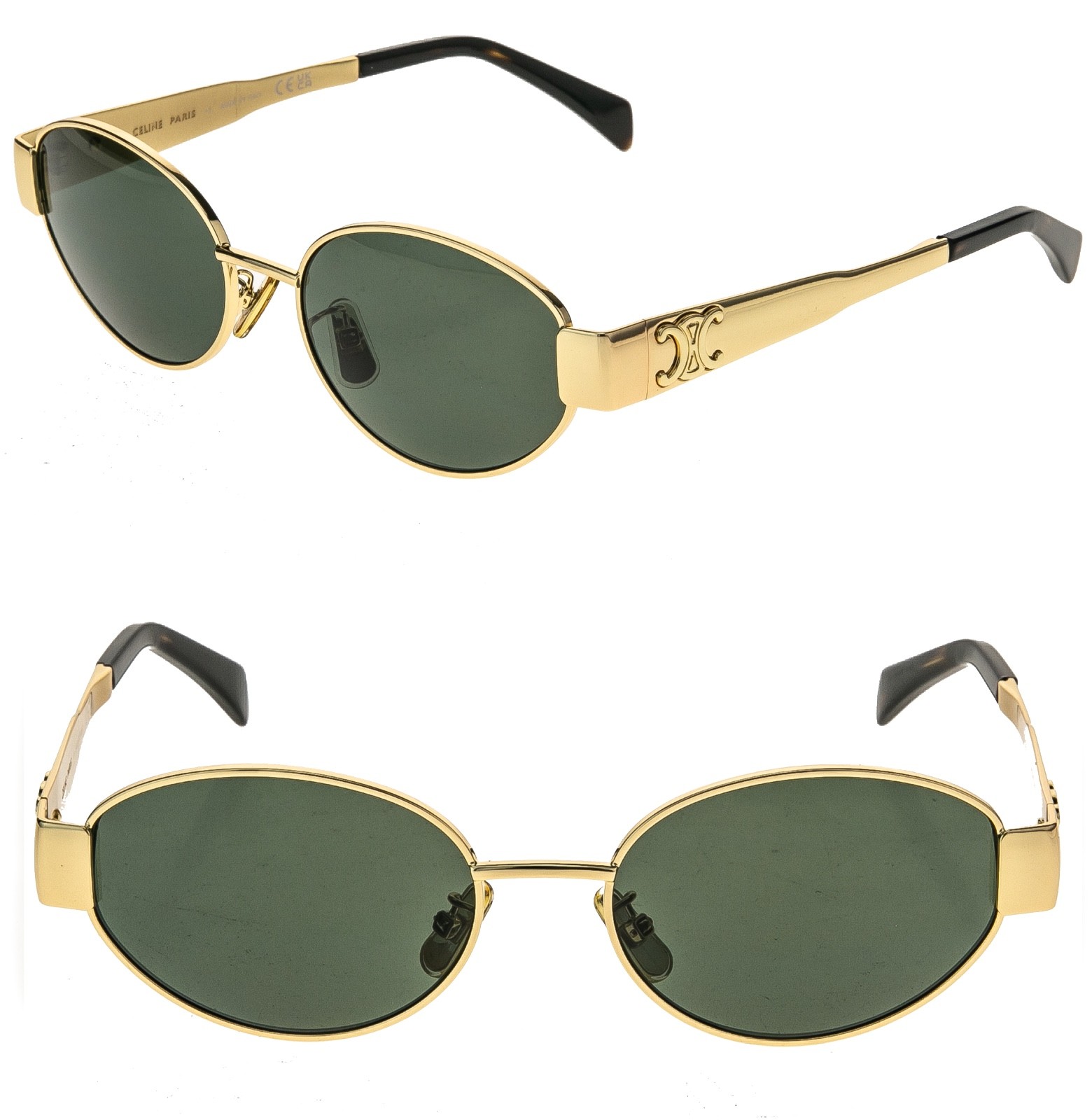 CELINE CL40235U 40235 METAL TRIOMPHE Green Gold Logo Oval Unisex Sunglasses 30N