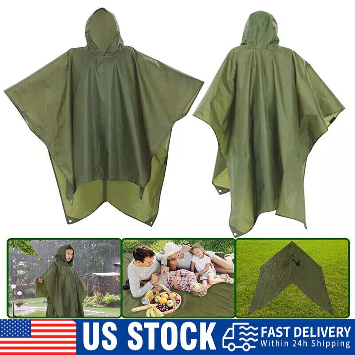 Ripstop Poncho Waterproof Hooded Rain Coat Army Military Camping Hiking Outdoor