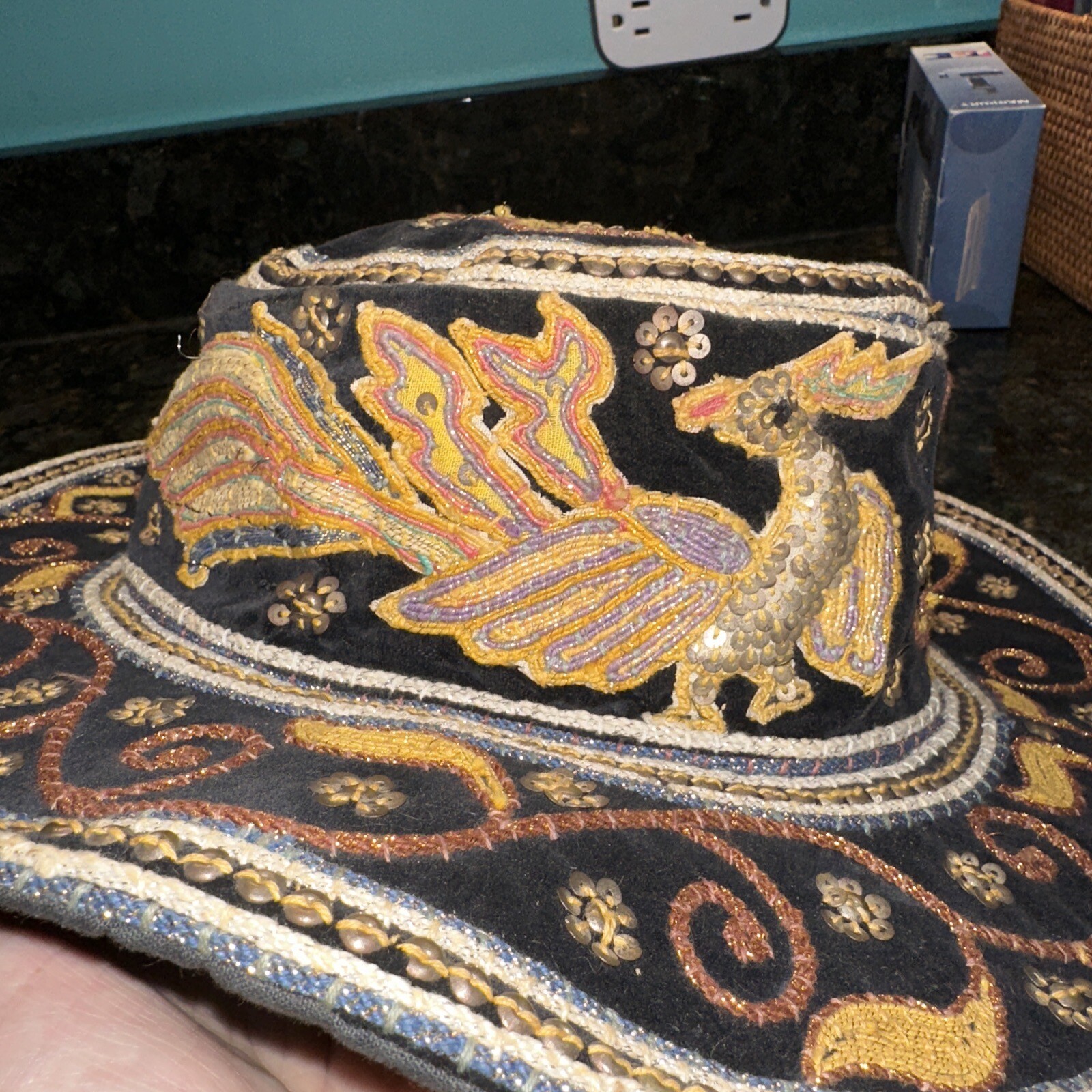 Vintage Myanmar Burmese Burma Kalaga Floppy Boho Hat Phoenix Sequins Embroidery