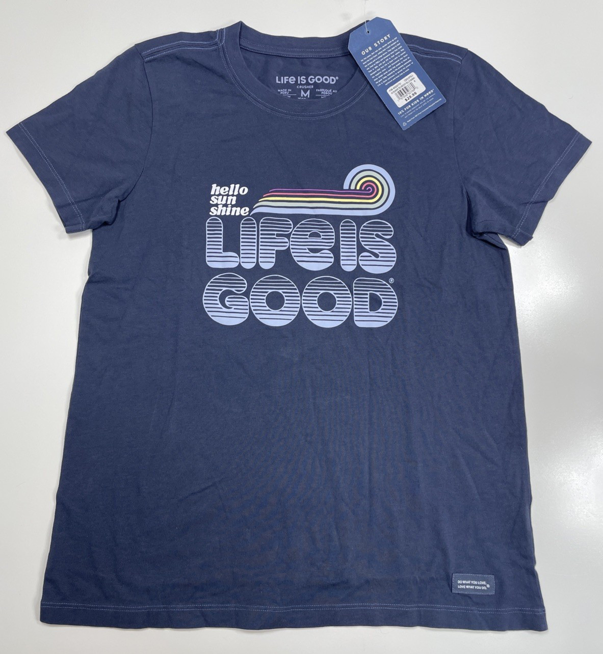 NWT Life Is Good Groovy Hello Sunshine Womens T Shirt Medium Graphic Blue Cotton