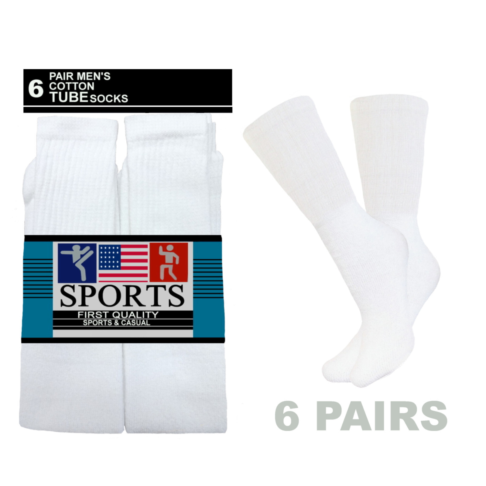 6 PAIRS WHITE TUBE SOCKS COTTON 20 INCHES CREW LONG CASUAL SOCKS 10-13