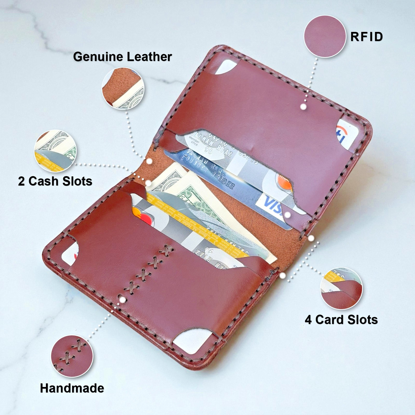 Men’s Slim Bifold Handmade Leather Wallet, RFID Blocking, Mnimalist Card Holder