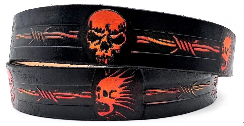 SKULL & BARBWIRE EMBOSSED MOTORCYCLE COWHIDE LEATHER BELT SIZE 26-48 USA MADE
