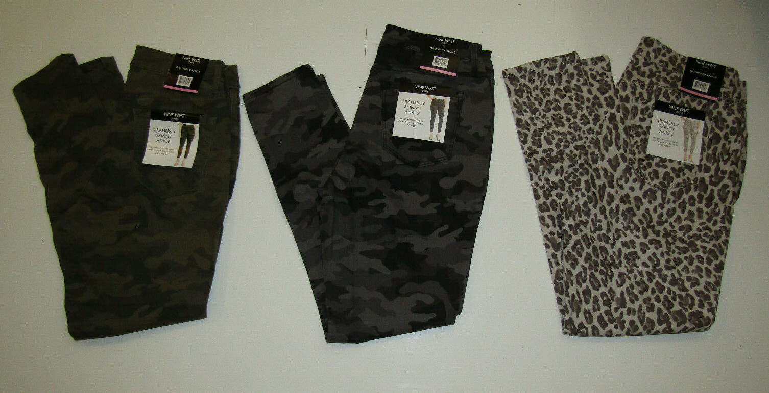 NINE WEST Gramercy Skinny Ankle Jeans Black Green Camo Bengal 4 6 8 10 12 14 16