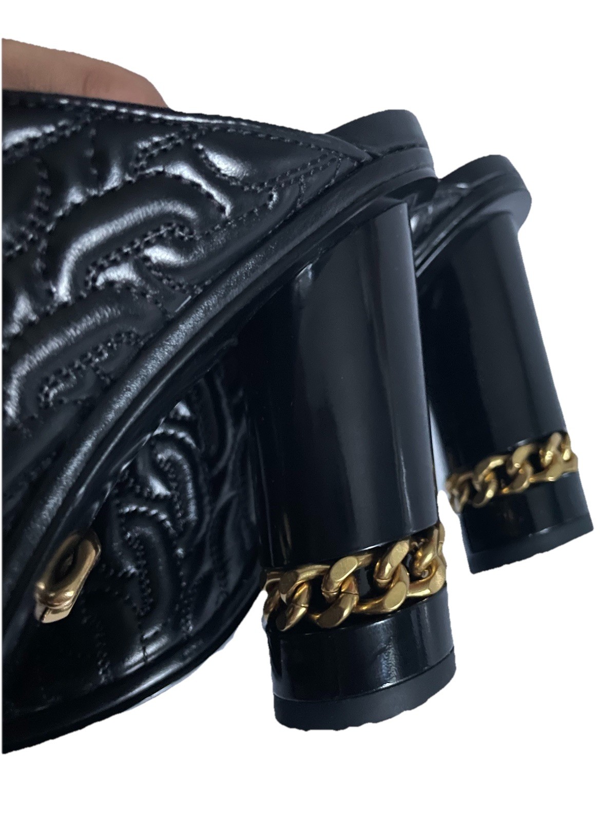 Rebecca Minkoff Black Quilted Leather Chain Open Toe Slip-On Mule Heels 10