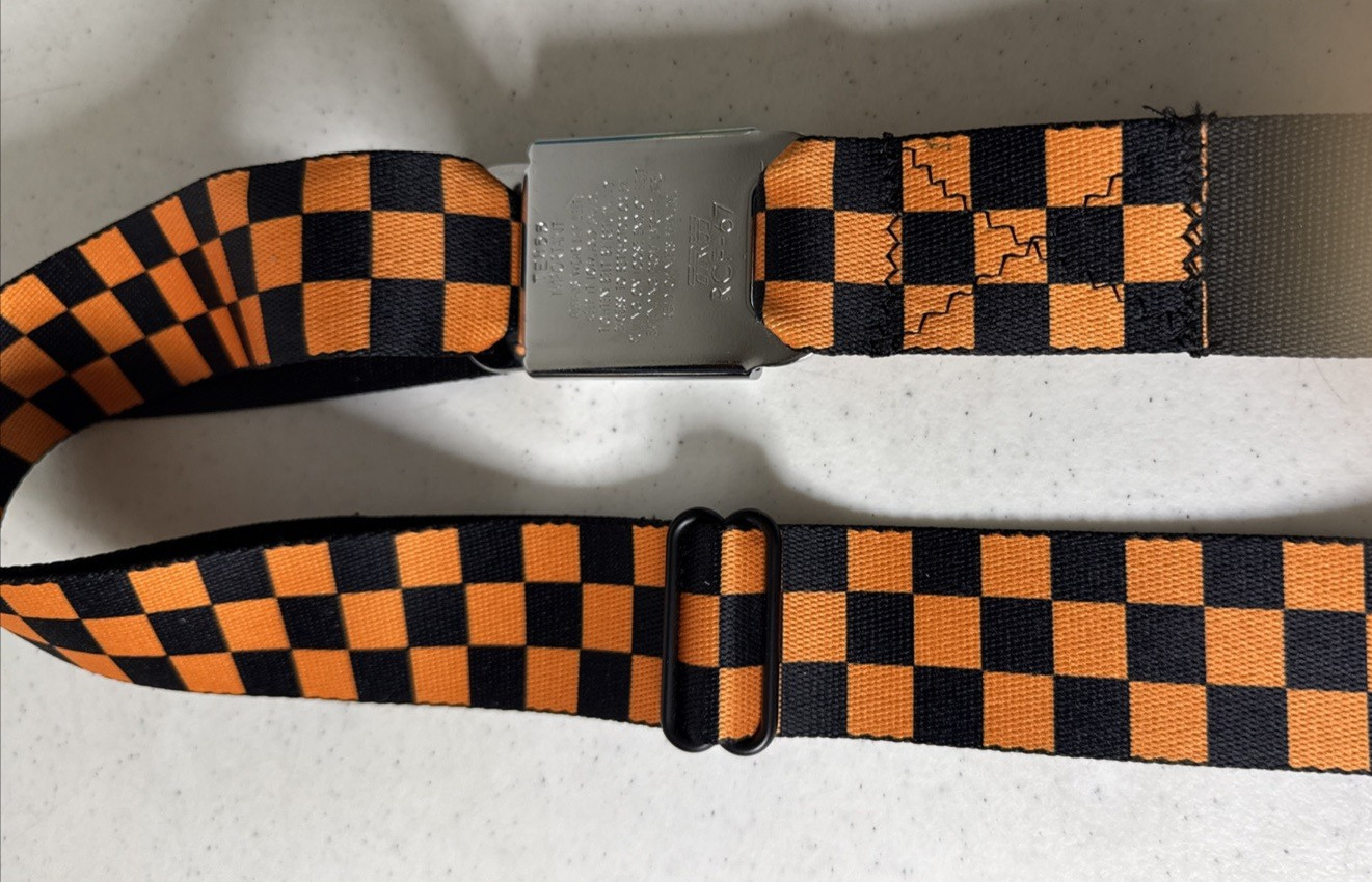 Buckle Down Seatbelt JEEP Logo Adjustable Belt Orange & Black Checkers Adult