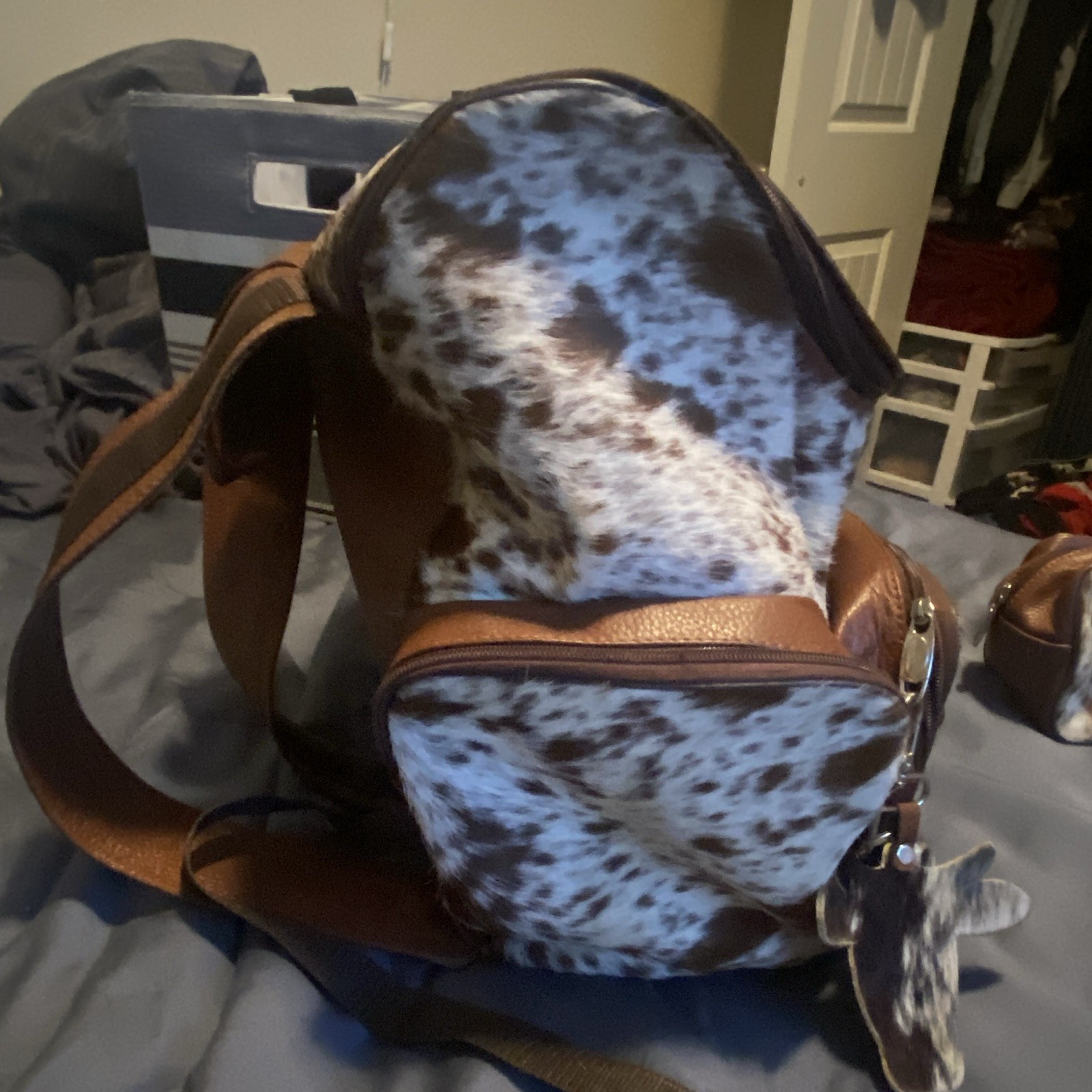 Real Cowhide Backpack Brown/White Zip, Inner Pockets, Adjustable Straps