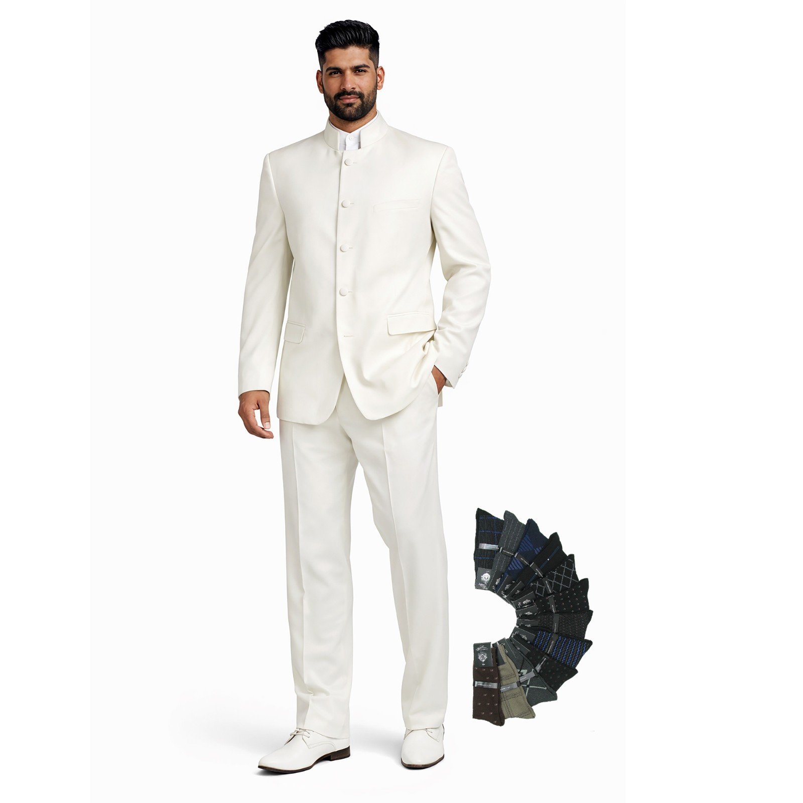 Modern Banded Collar Nehru Men Suit, Luxury Wool Feel, Regular Fit, Free Socks