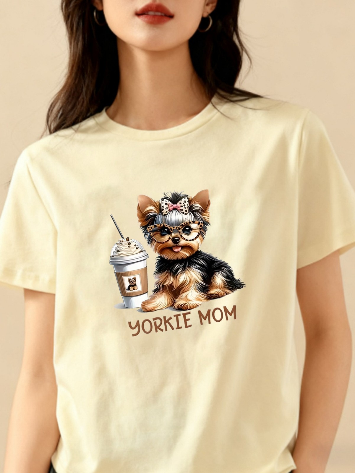 Yorkie Mom Graphic Tee Cute Yorkshire Terrier Women’s Soft Polyester T-Shirt