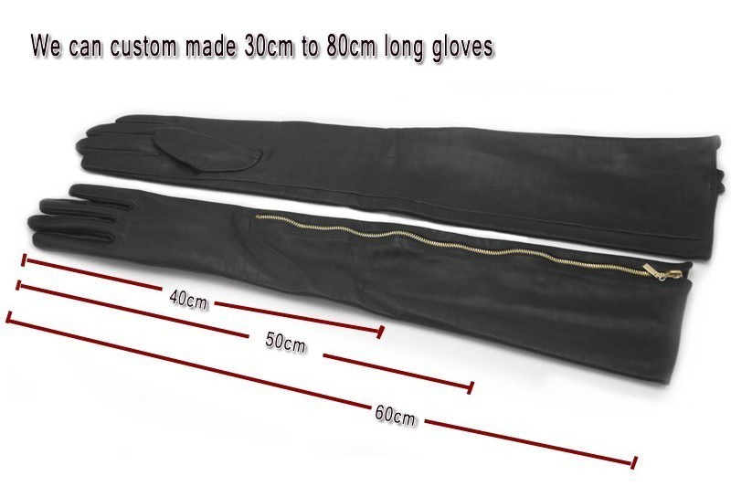 Custom made 30cm to 75cm Long Visible Side Zipper Style Real Sheep Leather Glove