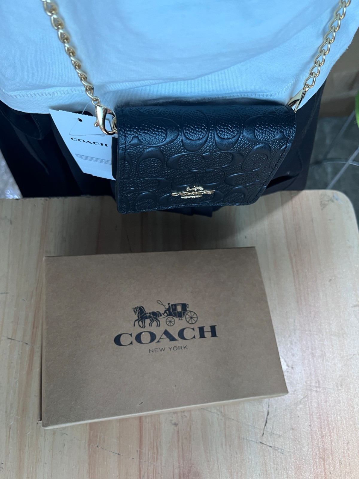 NEW Black COACH C7361 Mini Wallet on a Chain with In Signature Print Relief