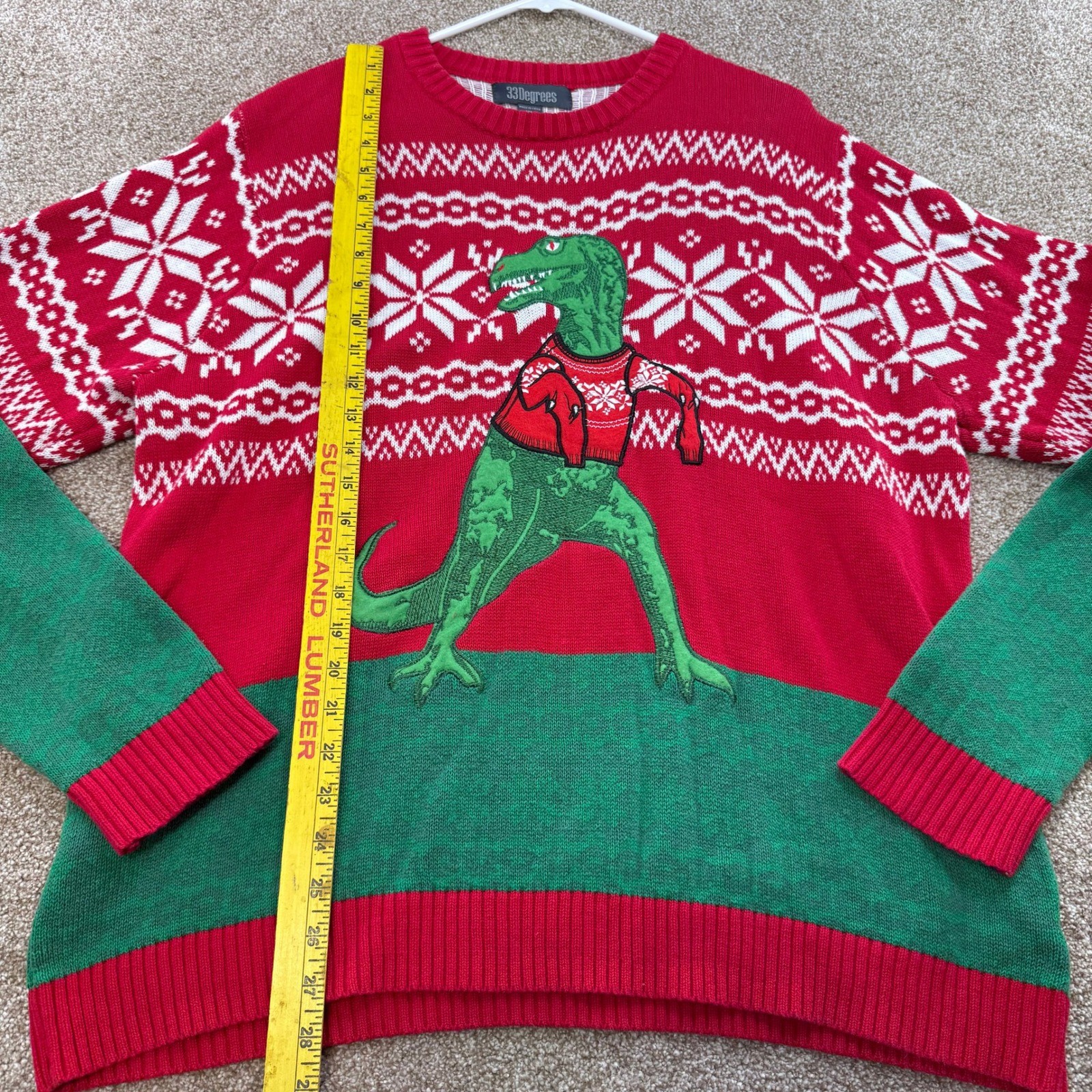 33 Degrees Mens XL Christmas Sweater T-Rex Dinosaur Red Green Ugly Funny