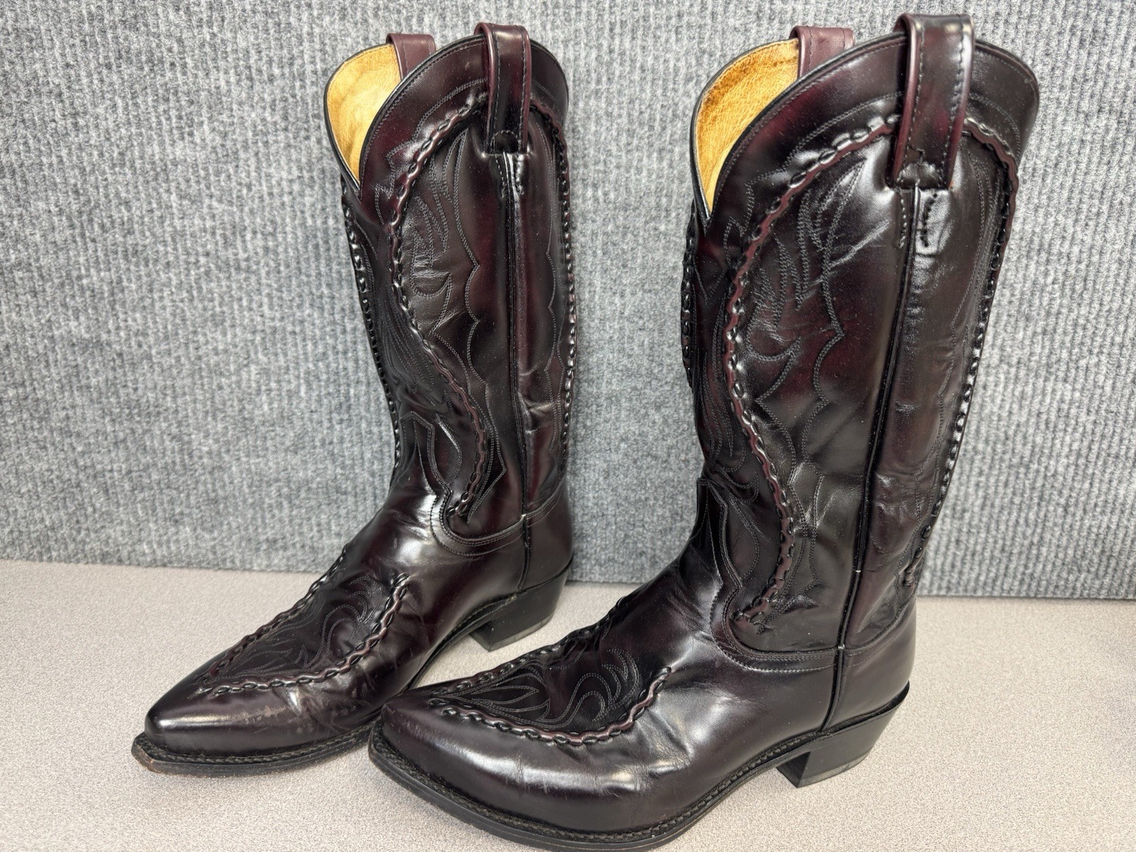 Dan Post 8.5 EW Vintage Black Cherry Braided Laced Leather Cowboy Boots