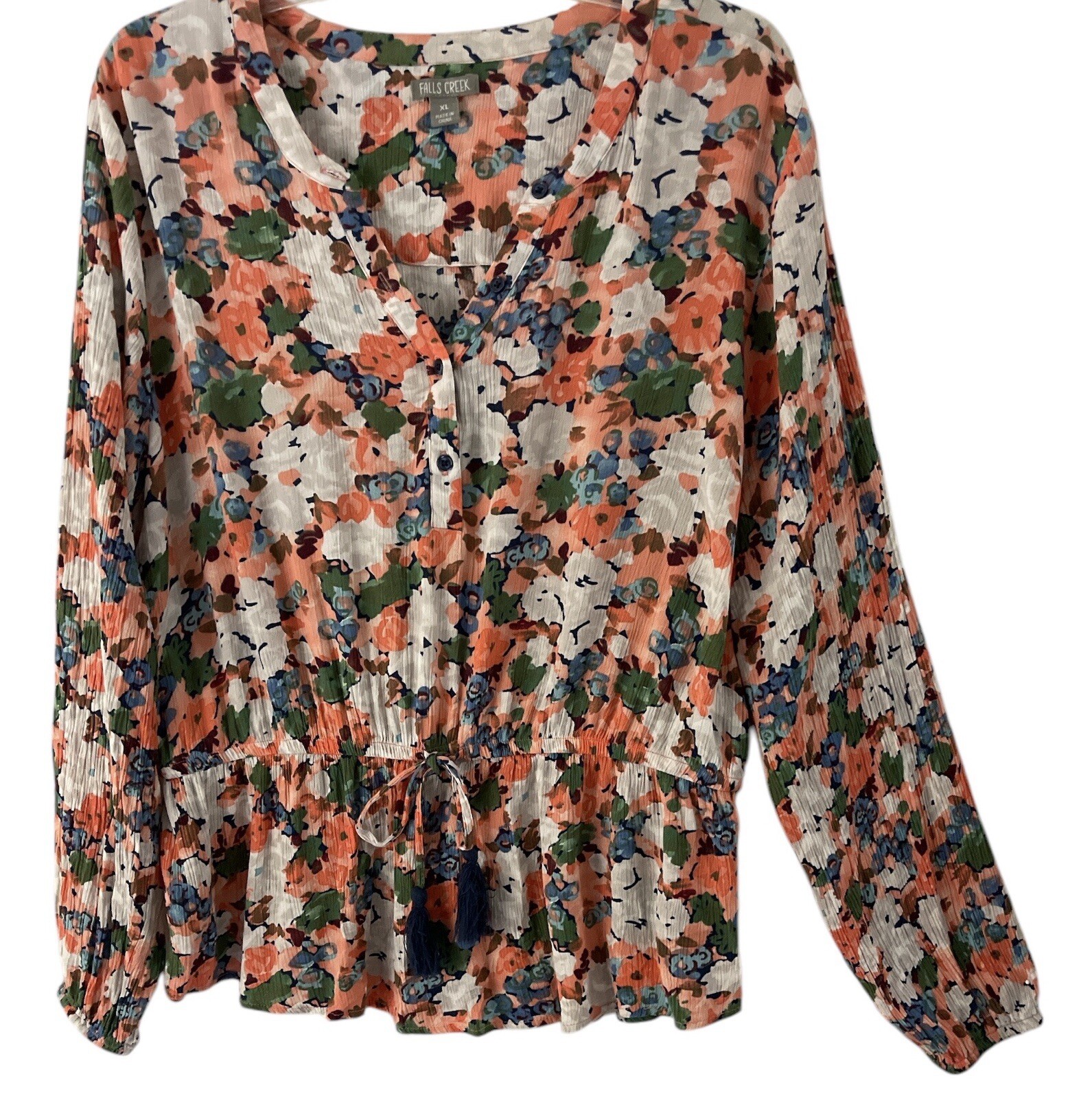 Falls Creek Top XL Floral Blouse Tassel Peplum Cottagecore Boho Peasant