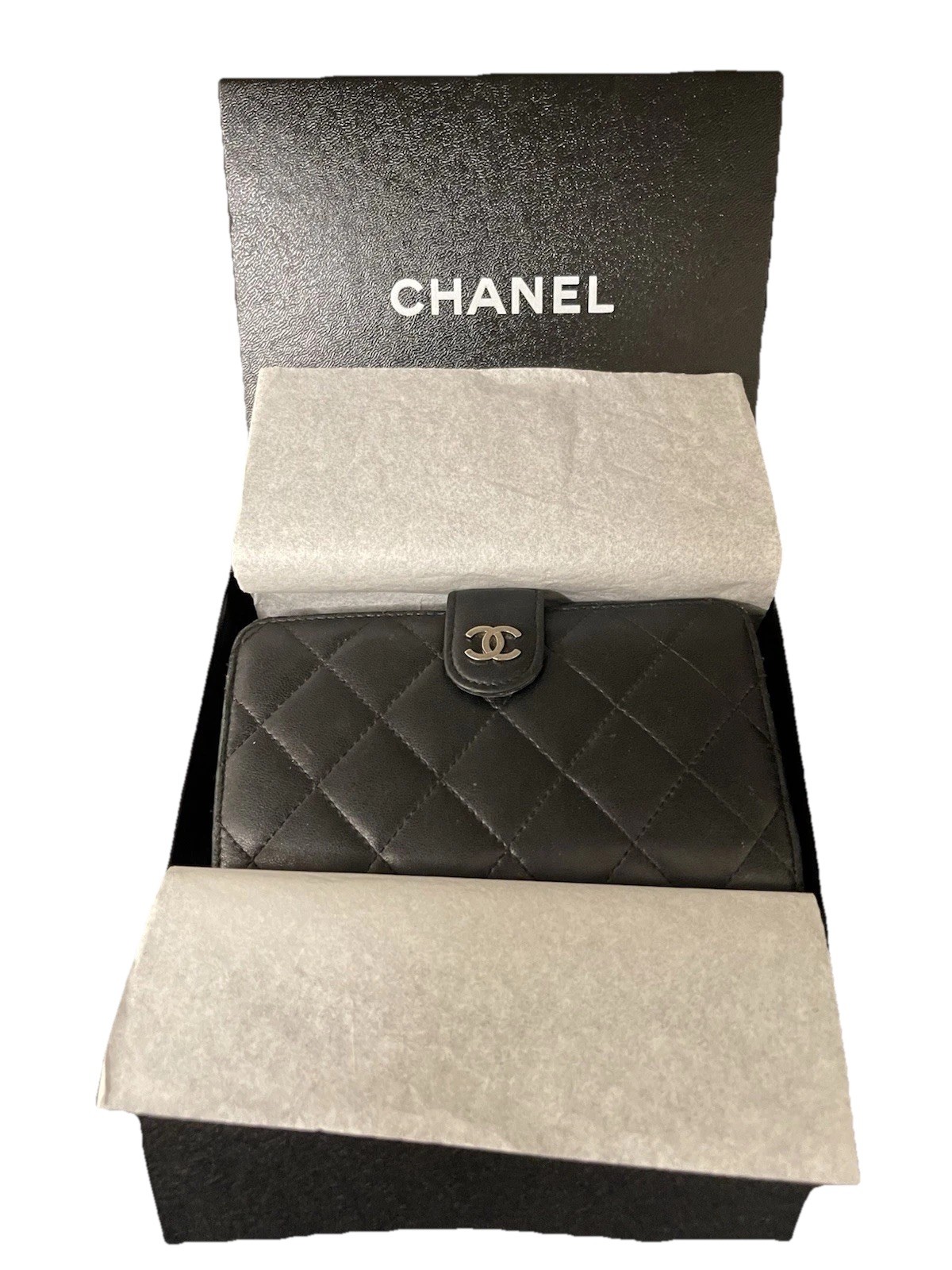 Chanel Bifold Matelasse Wallet~ Soft Black Lambskin~Silver~Box/ID Card