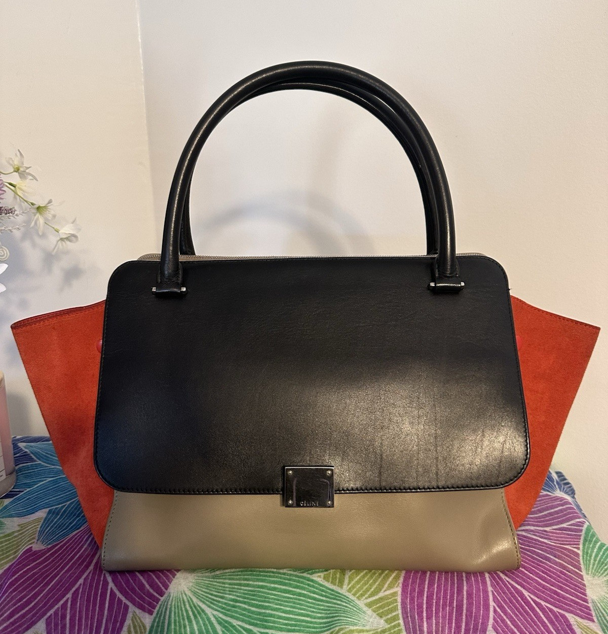 CELINE Trapeze Multicolor Colorblock Satchel Top Handle Bag, Zip/Clasp, Silver