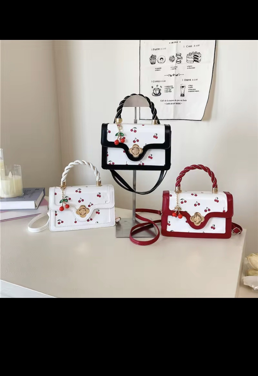 Cherry Mini Satchel Crossbody Women Handbag White With Cut Cherry Bag Charm Y2K