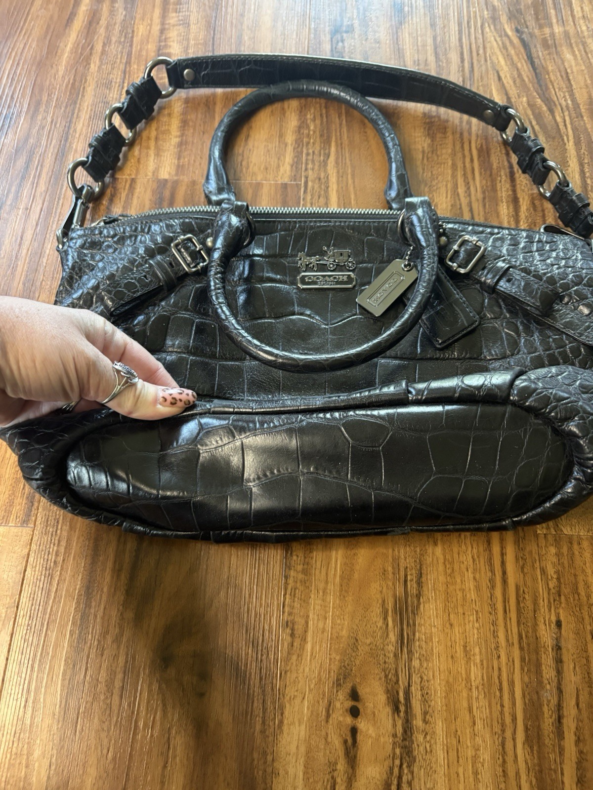 Coach 15924 Madison Embossed Sophia Bag Black With Purple Lining With Charms