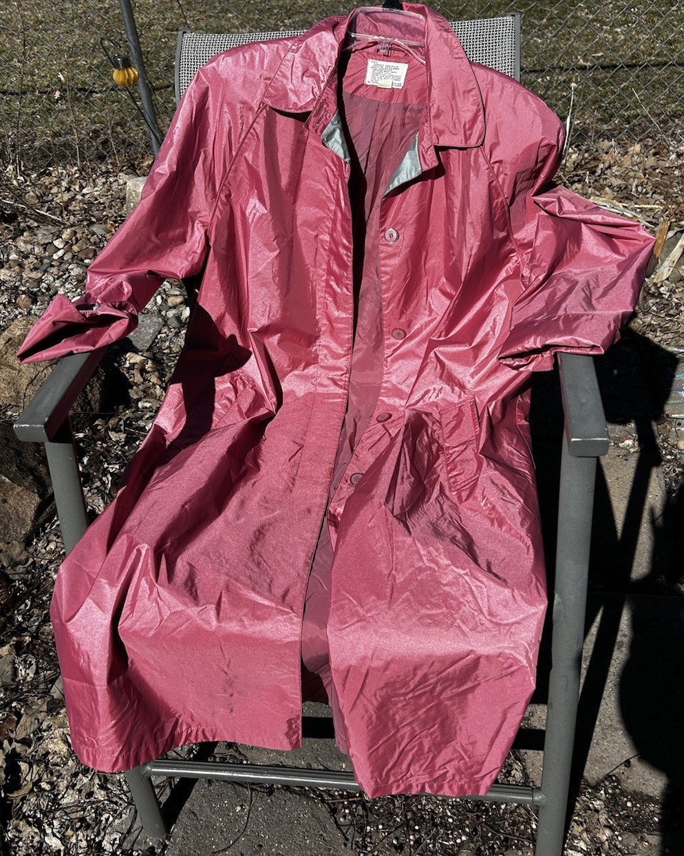 Vintage 60s Long Nylon Rubber Backed Trench Coat Pink Gray Women’s Size 20 1/2