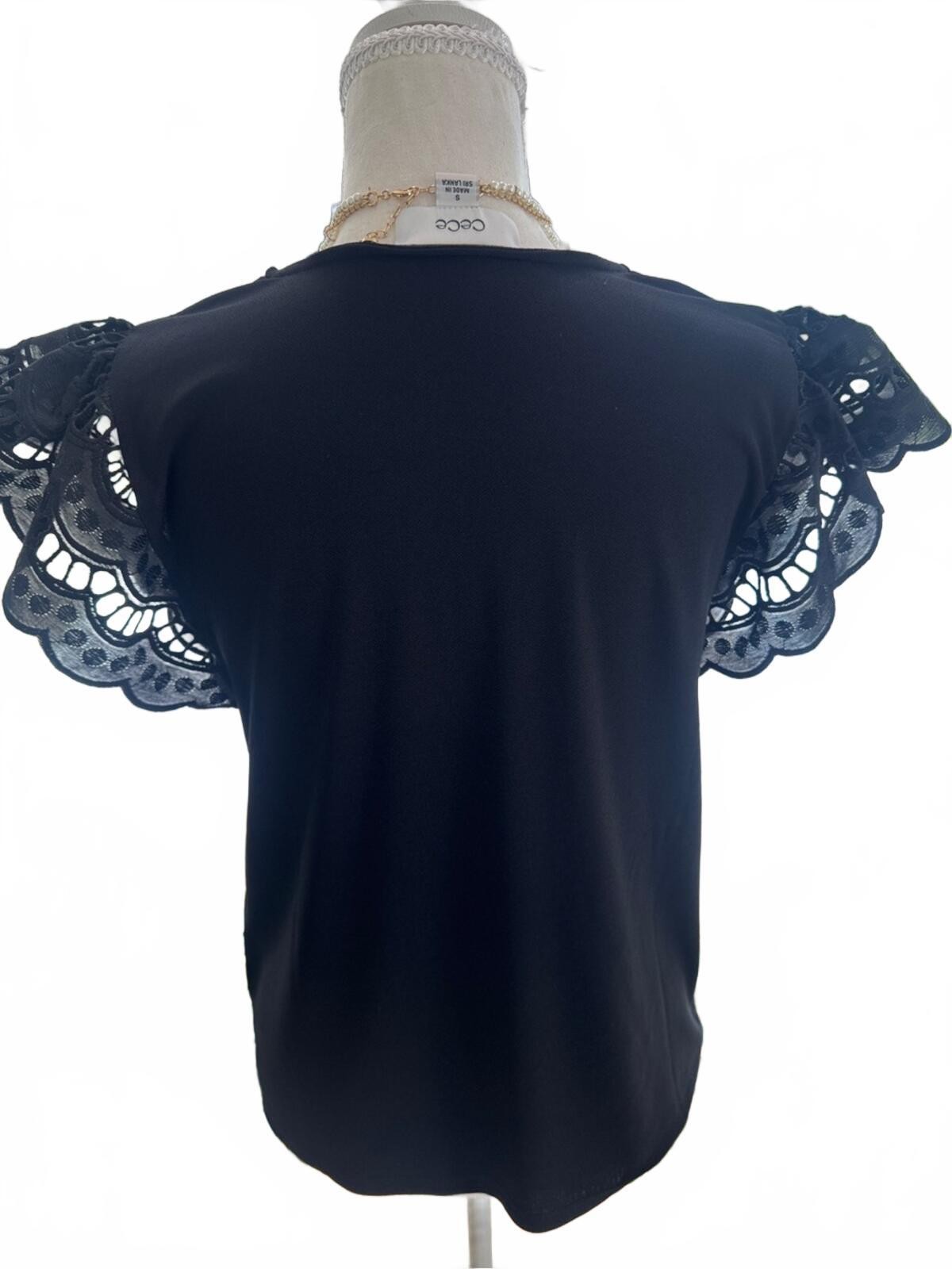 CeCe Black Eyelet Lace Flutter Sleeve Top Size SM Boho Top Summer and Spring