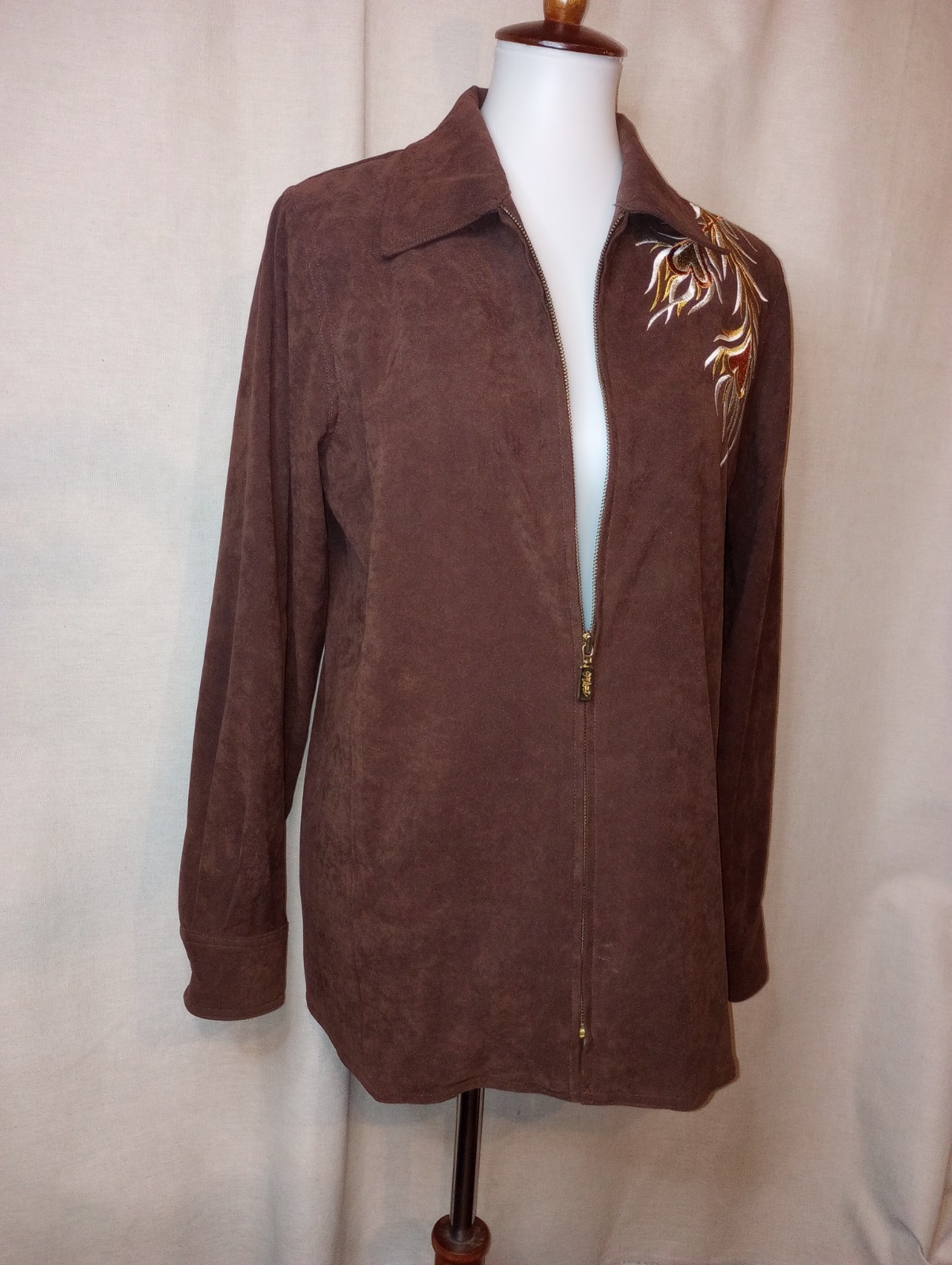 Bob Mackie Vtg Phoenix Wearable Art embroider zip jacket brown faux suede Small