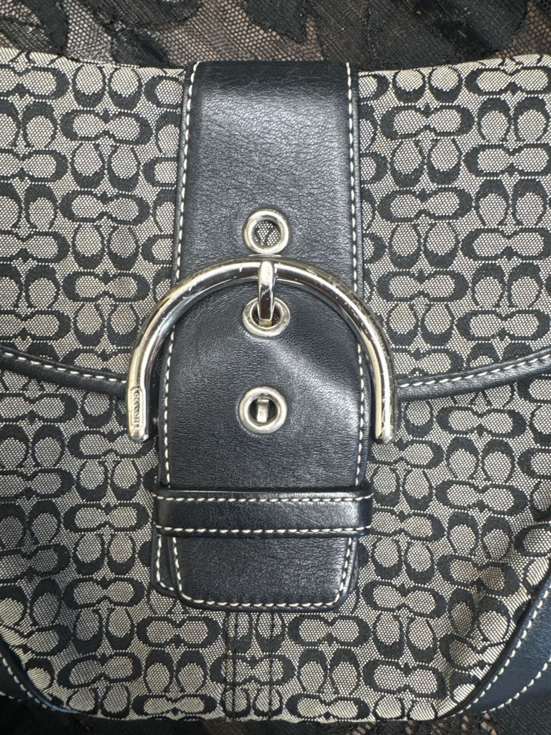 Coach Soho Signature Buckle Flap Bag Black/Grey Canvas 6818