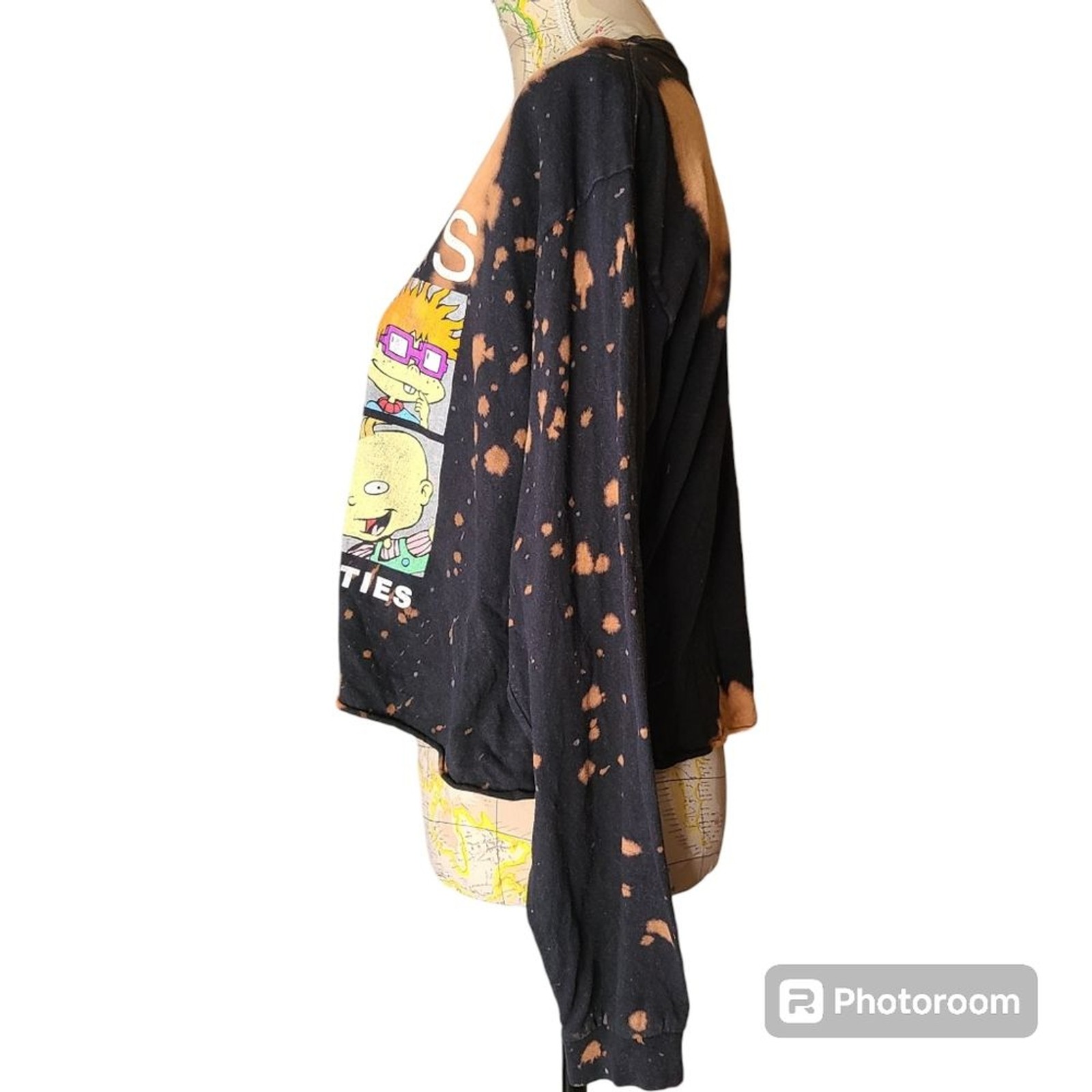 RUGRATS Size Large Black Thrashed Bleached Cropped Long Sleeve T-Shirt Kidcore