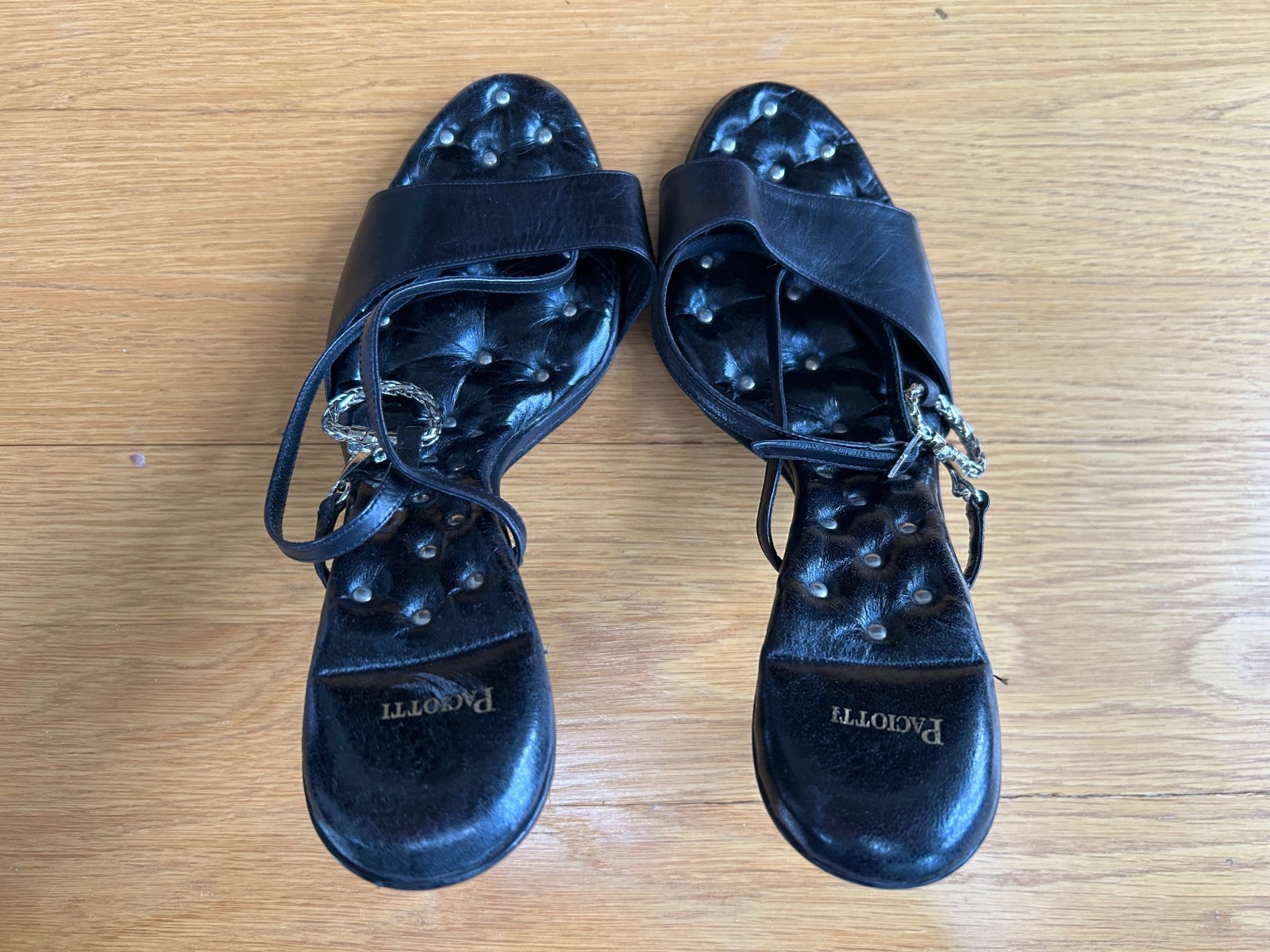 CESARE PACIOTTI Black Leather Sandals with Dagger &Sword Logo Size 10 IT 40 Good
