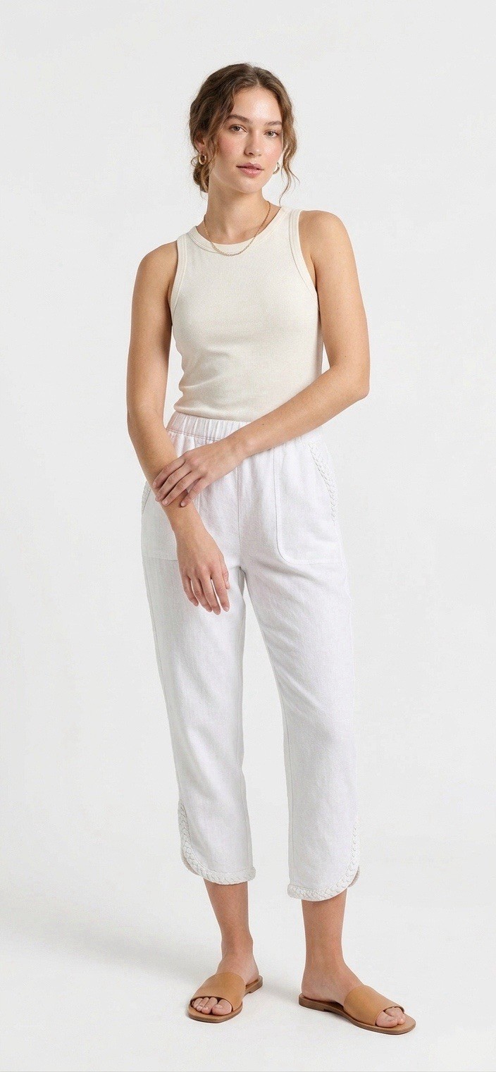 Women’s Braided Hem Stretch French Terry Capri – White-L