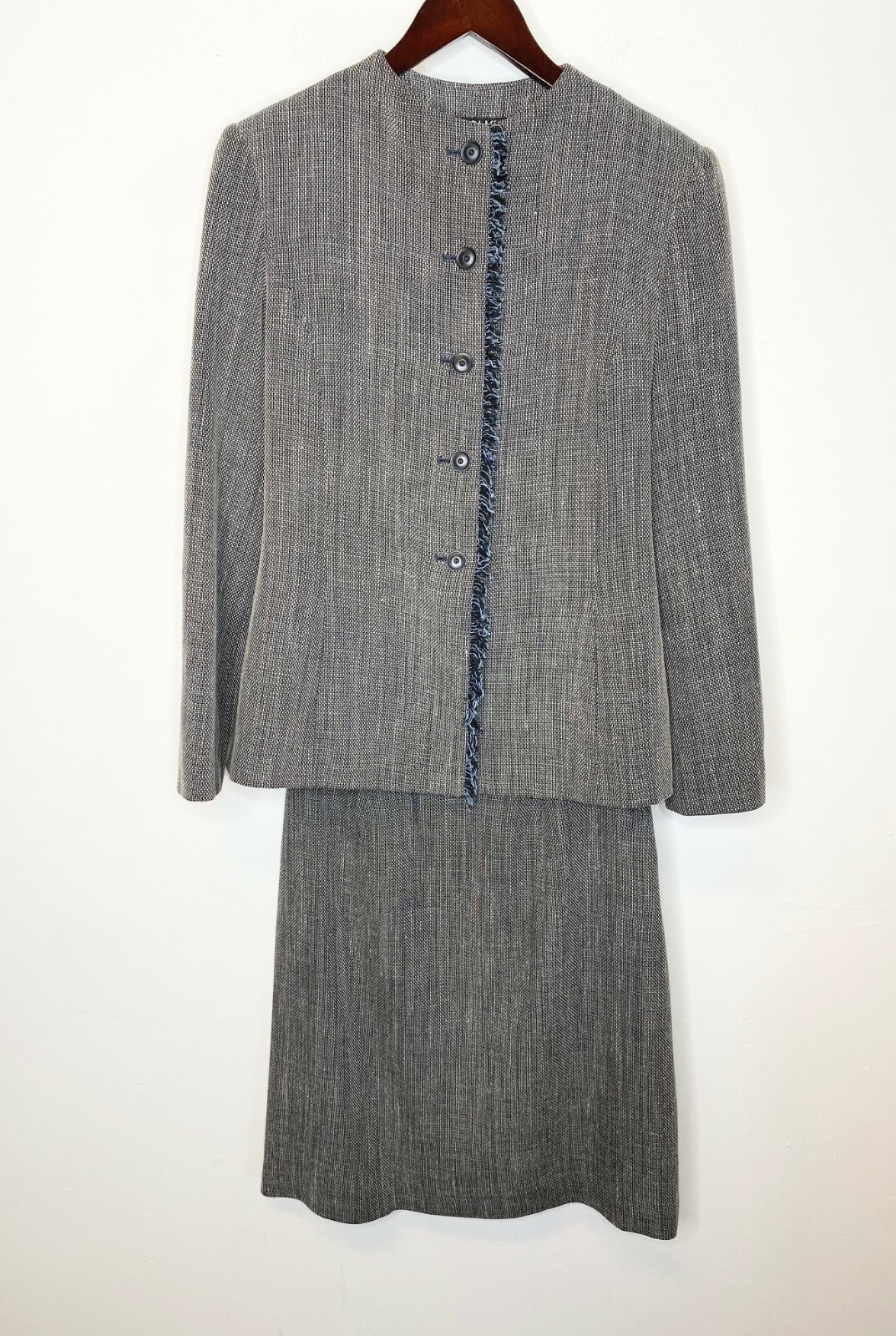 BILL BLASS 2pc Black Beige Blue Linen Blend Skirt Suit + Blazer Jacket Set 8 = M