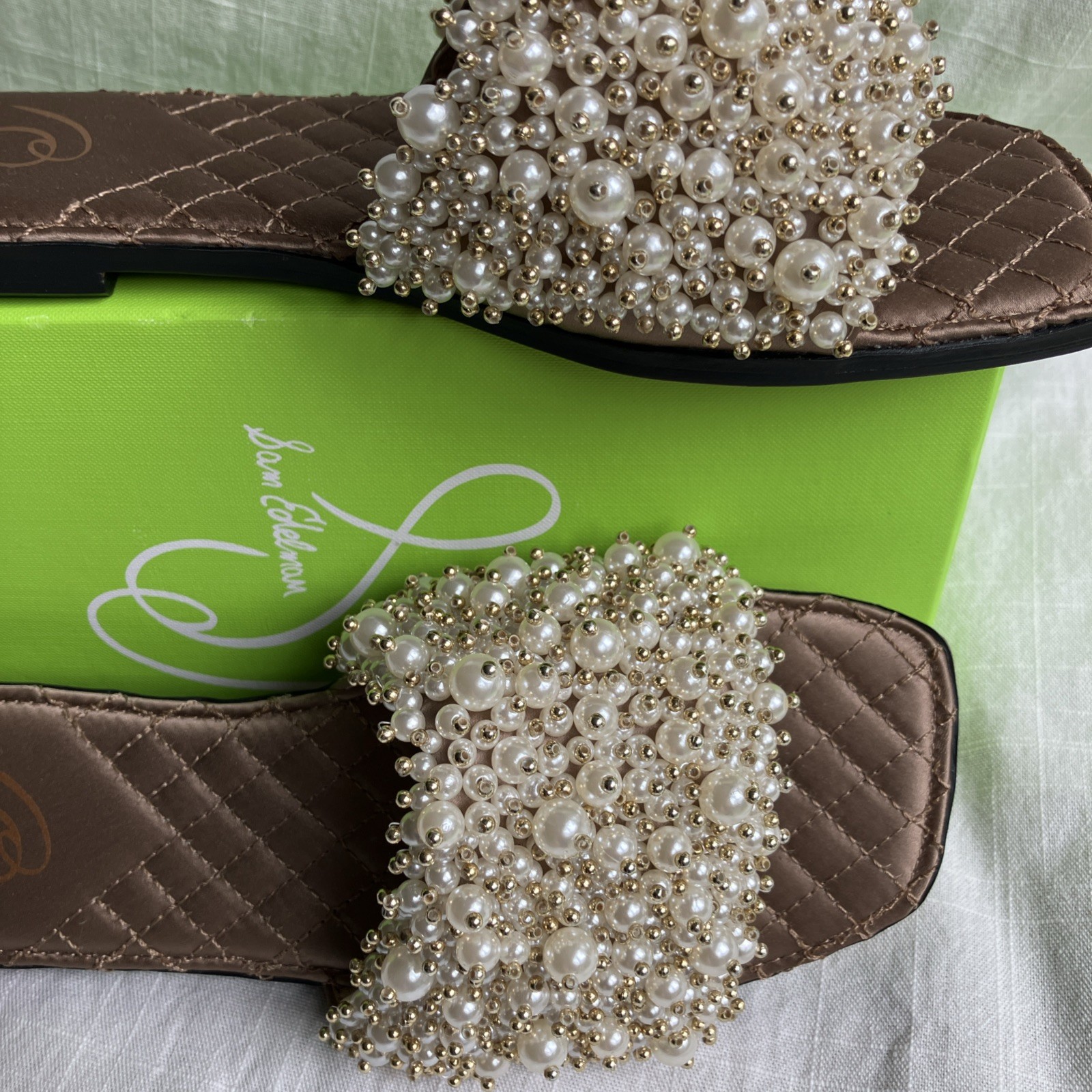 Sam Edelman Toffee Pearl Embellished Quilted Elijah Slide Sandals Size 8 gold