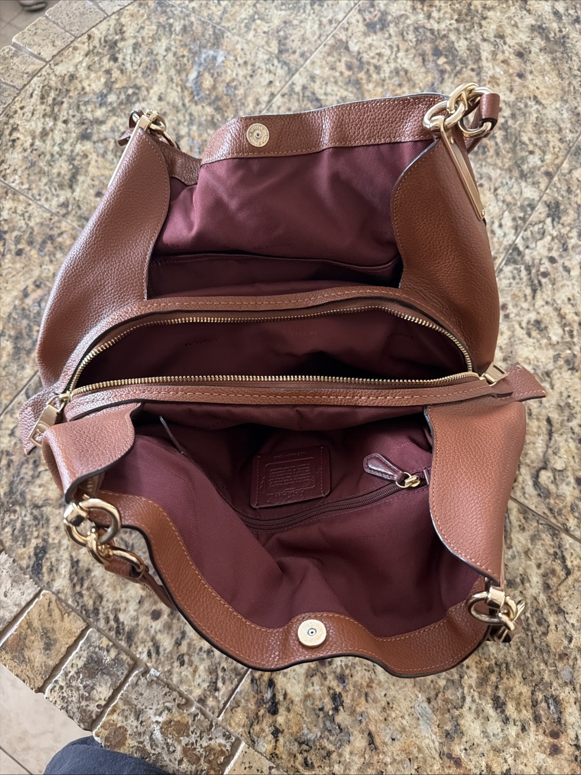 Genuine Leather Coach Polished Pebble Dalton 31 Saddle/Gold Accents Shoulder Bag