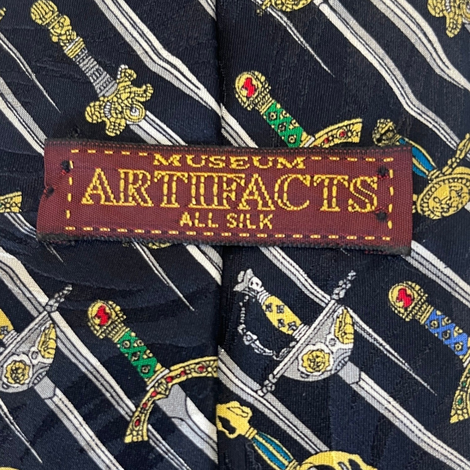 Museum Artifacts Mens Silk Tie Black Medieval Sword Rapier Pattern Handmade