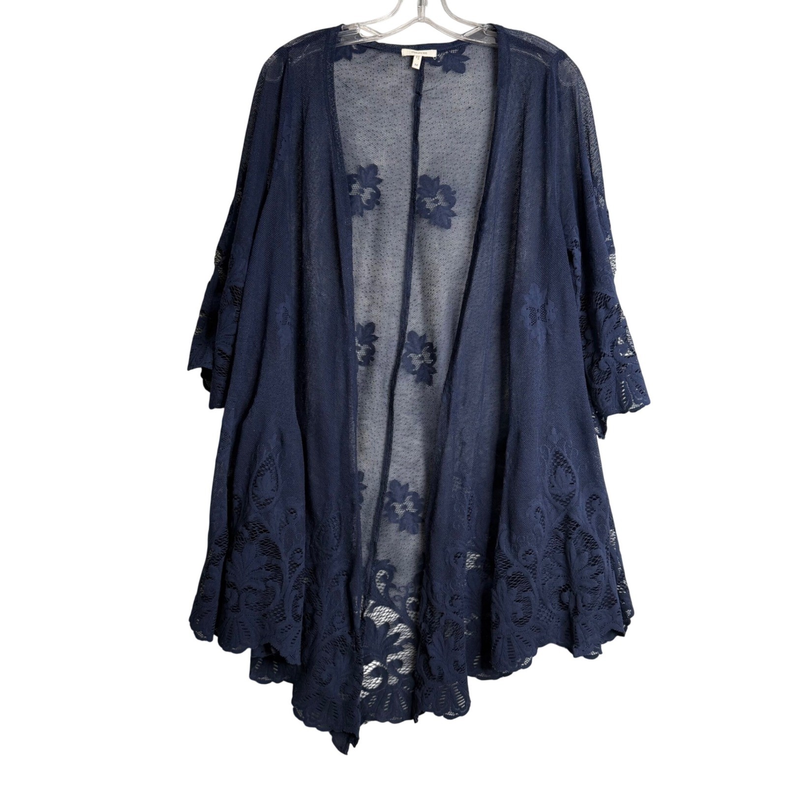 Maurices Lace Open Front Cardigan Womens M Navy Blue Boho Floral Micro Mesh