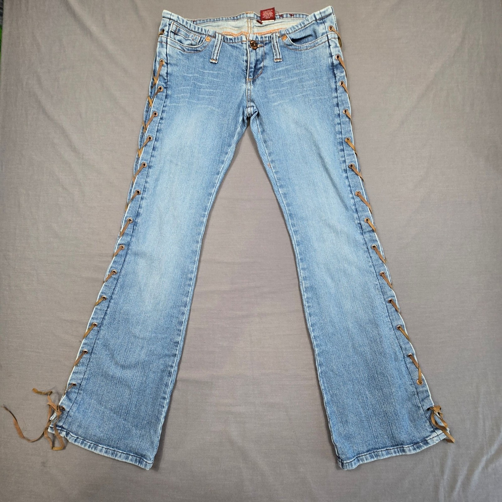 Vintage Y2K 90s Bongo Size 7 Lace-Up Low Rise Flare Jeans Festival Denim Boho