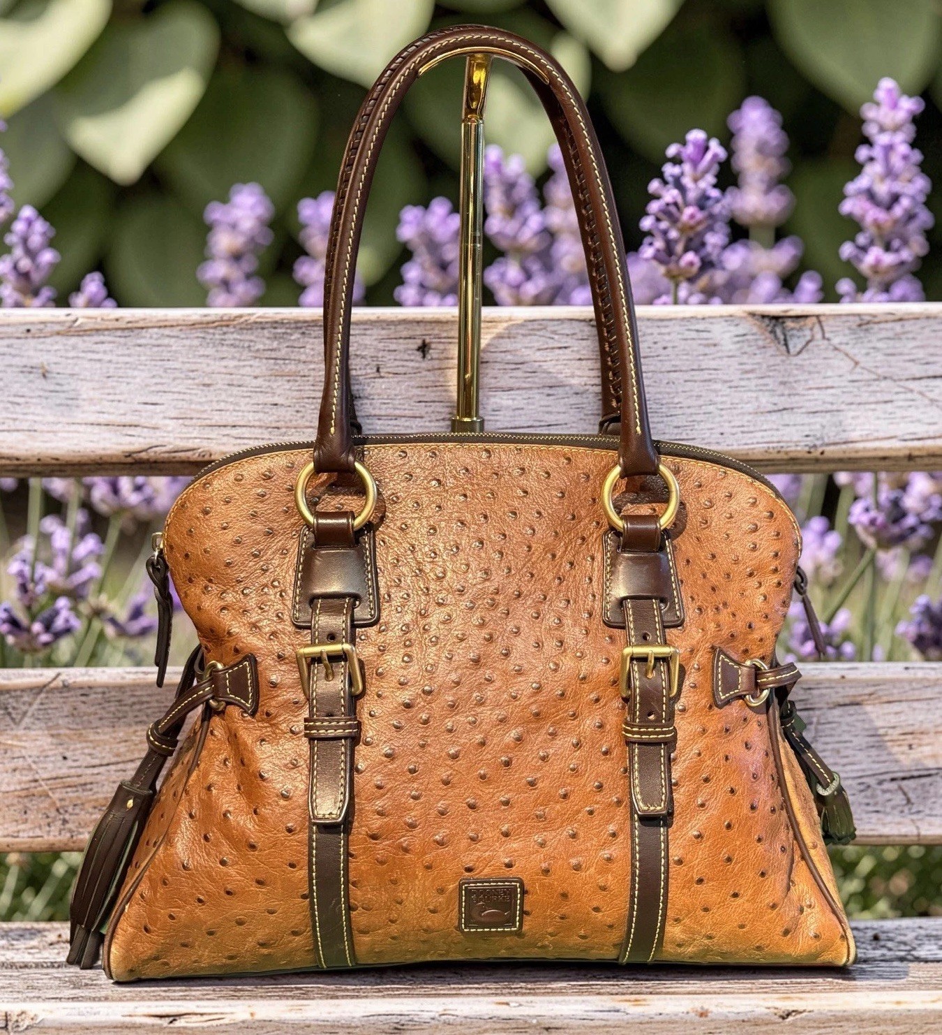 Dooney Bourke Chestnut Cognac Brown Ostrich Embossed Leather Large Satchel Bag