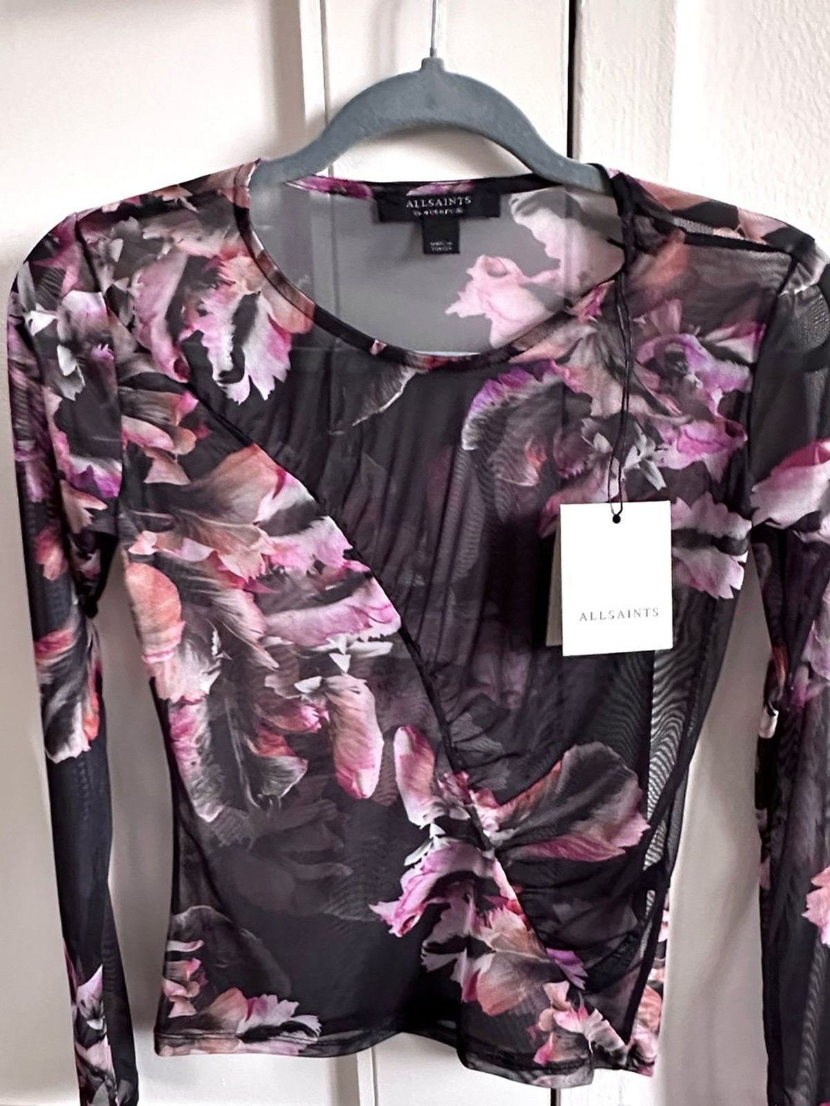 AllSaints Floral Mesh Ruched Top NWT XS Sheer Long Sleeve
