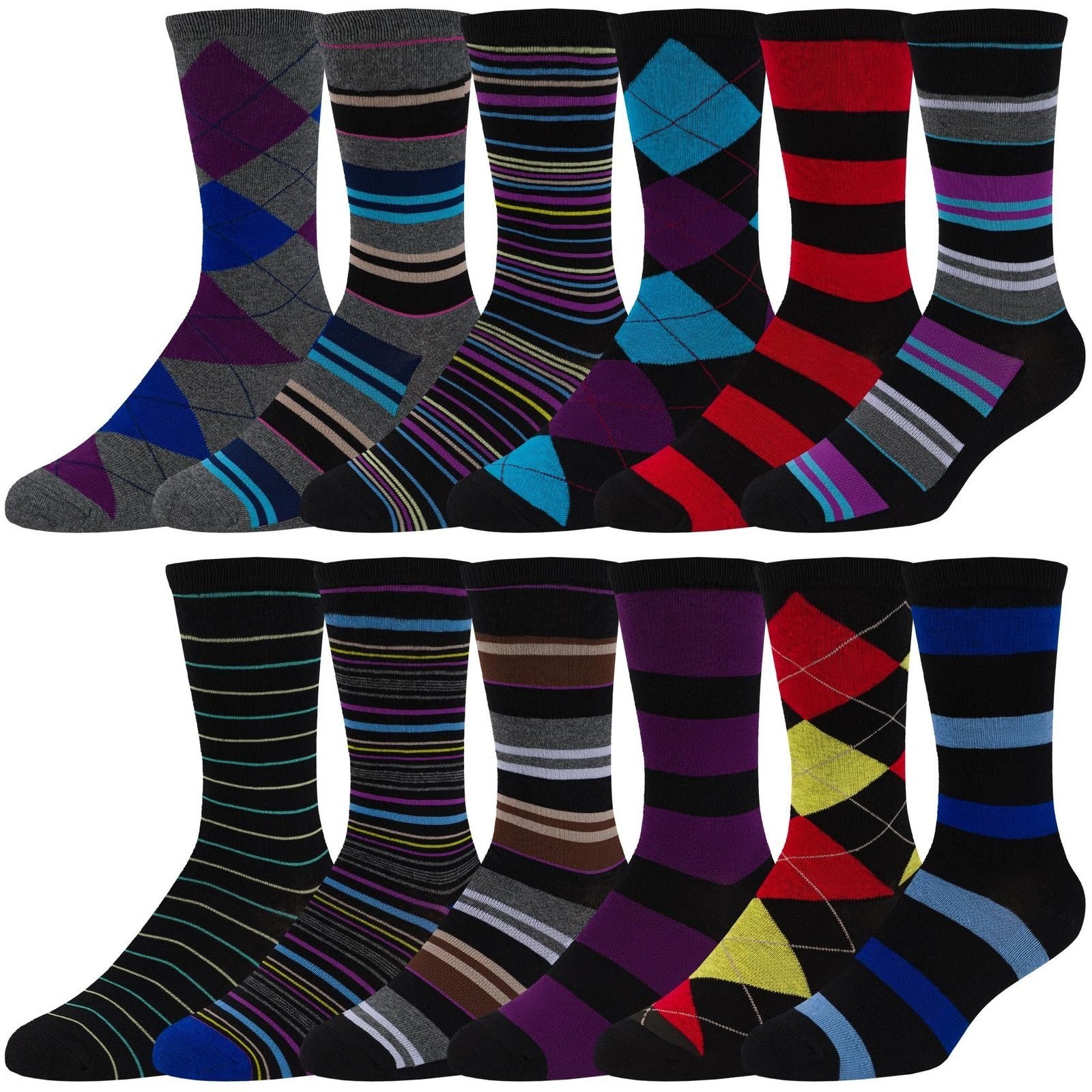 ZEKE Men’s Dress Socks Funky Fun Colorful Crew Socks 12 Assorted Patterns