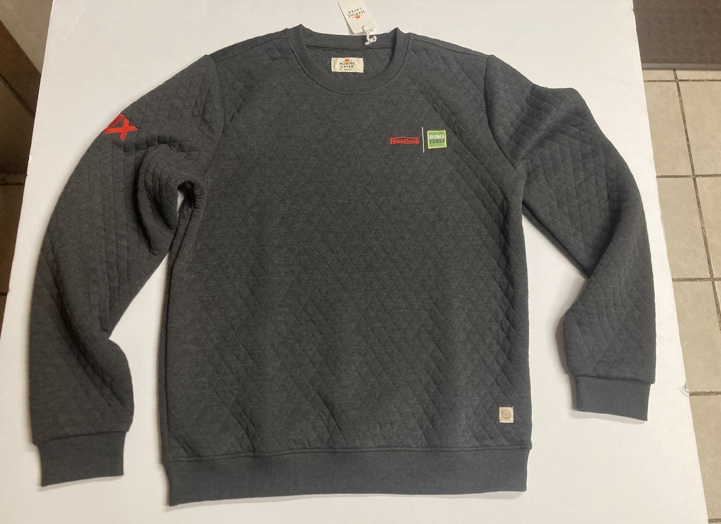 Marine Layer Quilted Embroidered Logo Crew Neck Pullover Sweatshirt Gray M