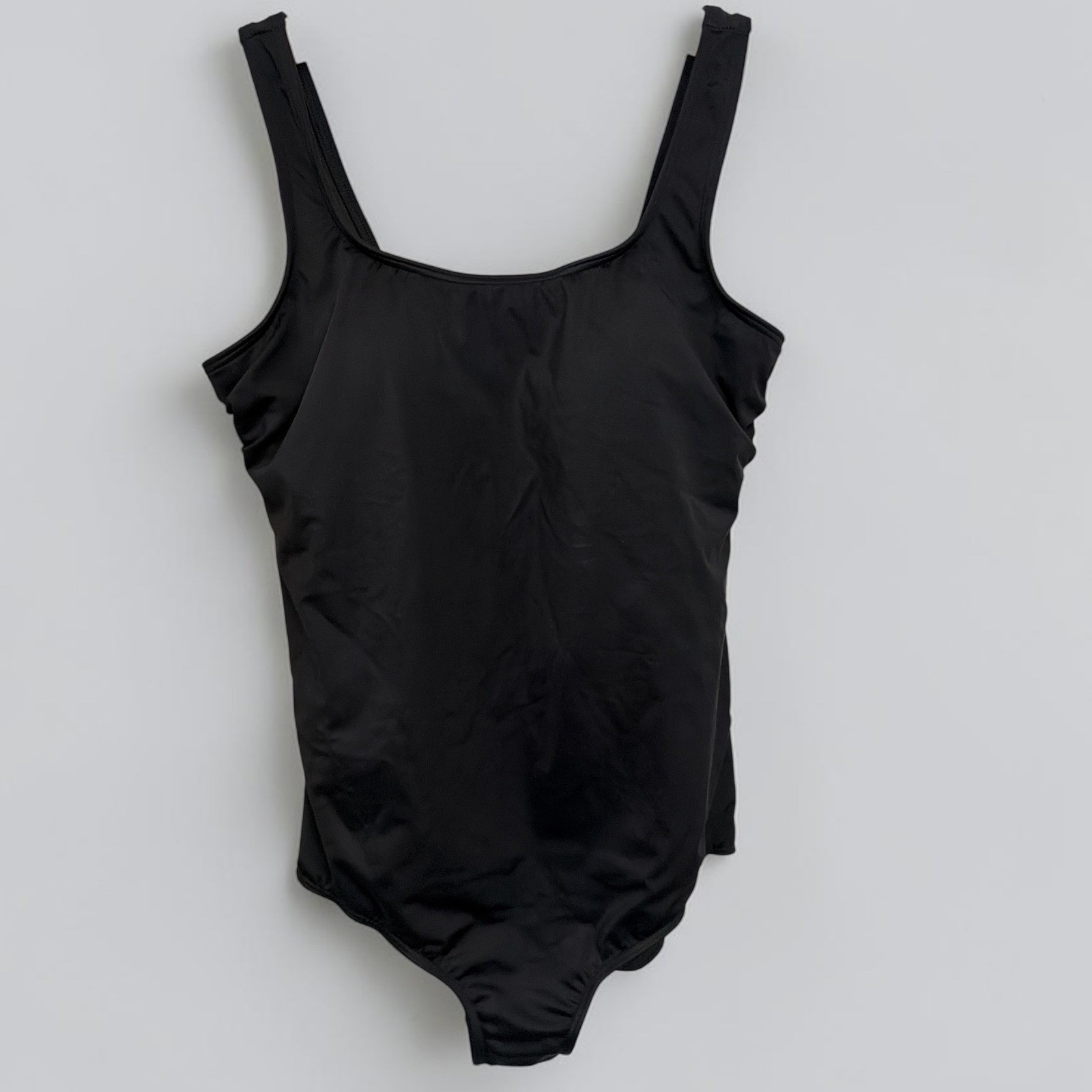 Lands End Black One Piece Swimsuit Scoop Neck Ruched Size 14 MINT COND