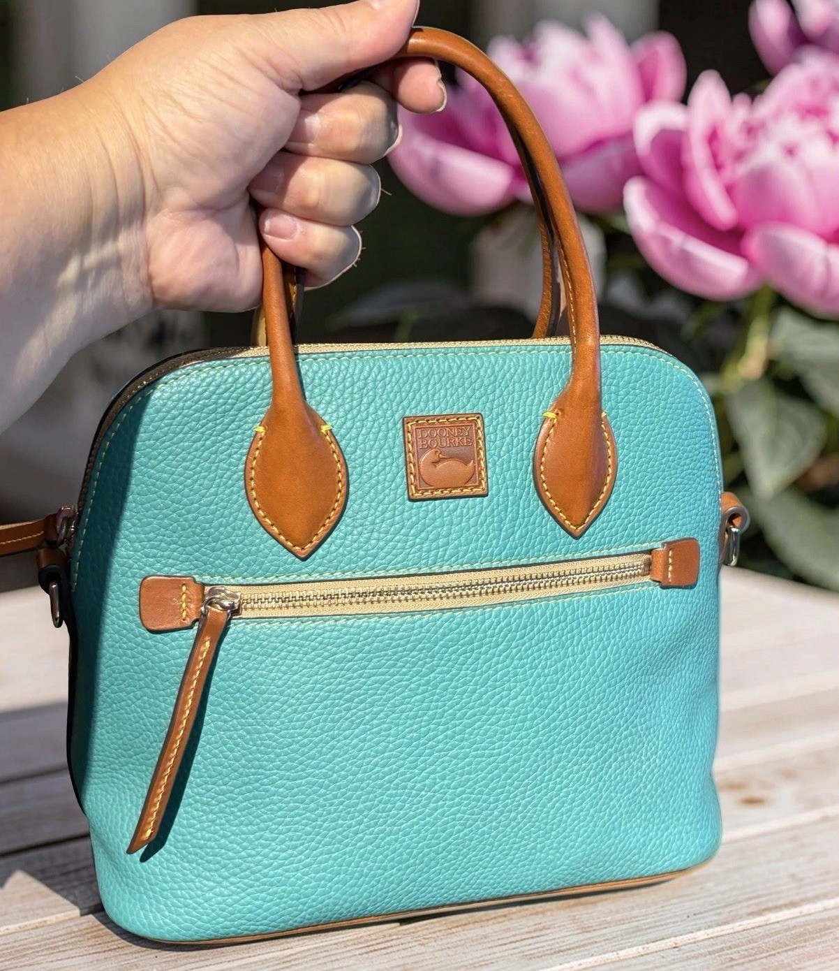 Dooney Bourke Spearmint Turquoise Green Domed Satchel Bag Pebbled Leather Purse