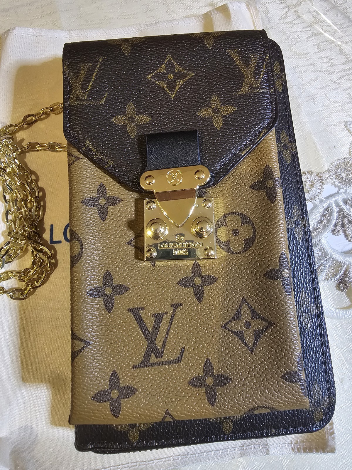 Louis Vuitton Monogram Wristlet Wallet w/ Gold-Tone Chain, Brown/Black/Gold