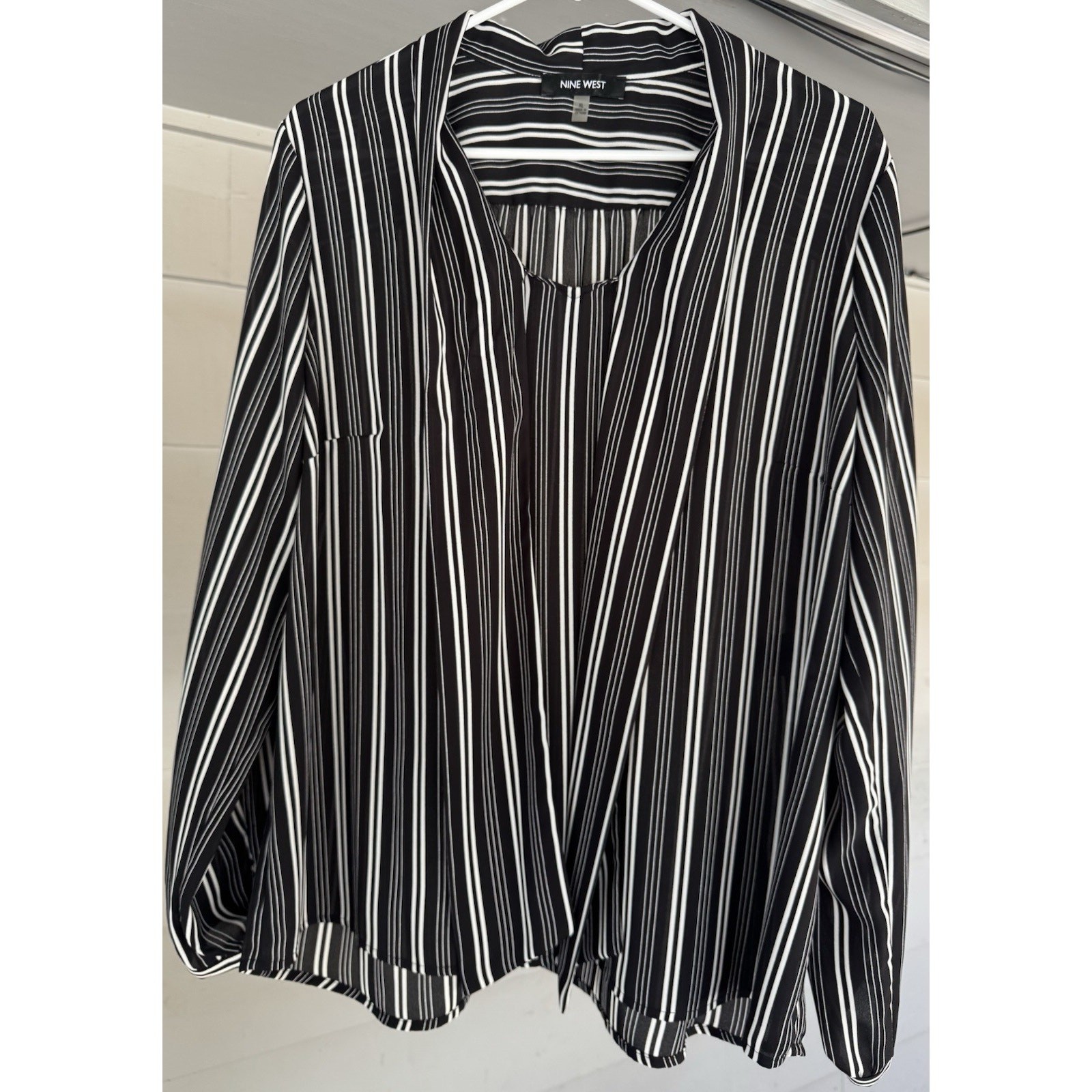 Nine West Women XL Black White Striped Draped Open Front Blouse Top