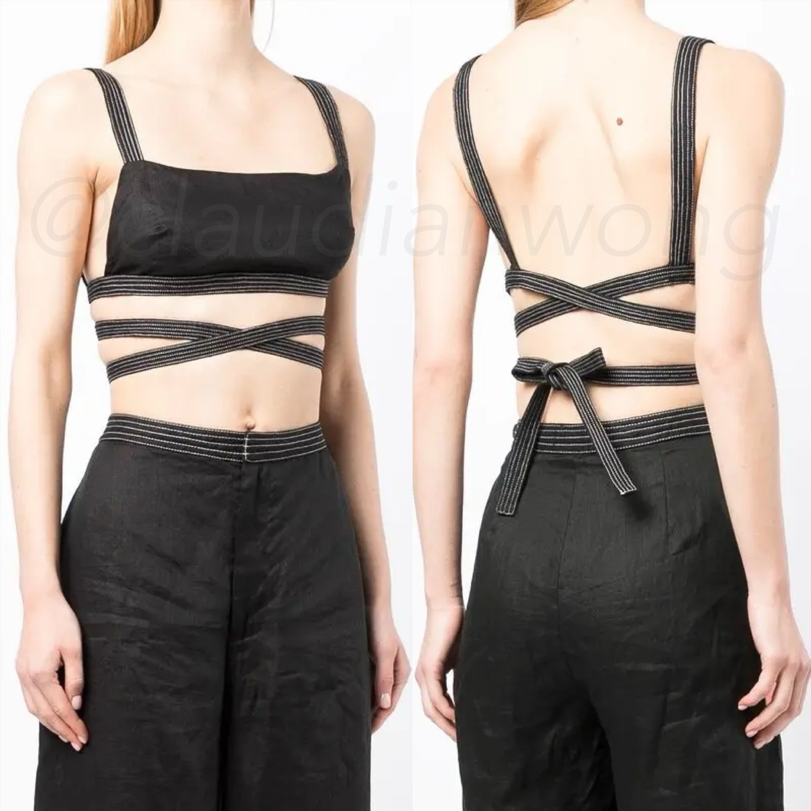 SIR THE LABEL 2-Piece Vilma Linen Black Wrap Bra Top + Wide Leg Pants SET Sz S