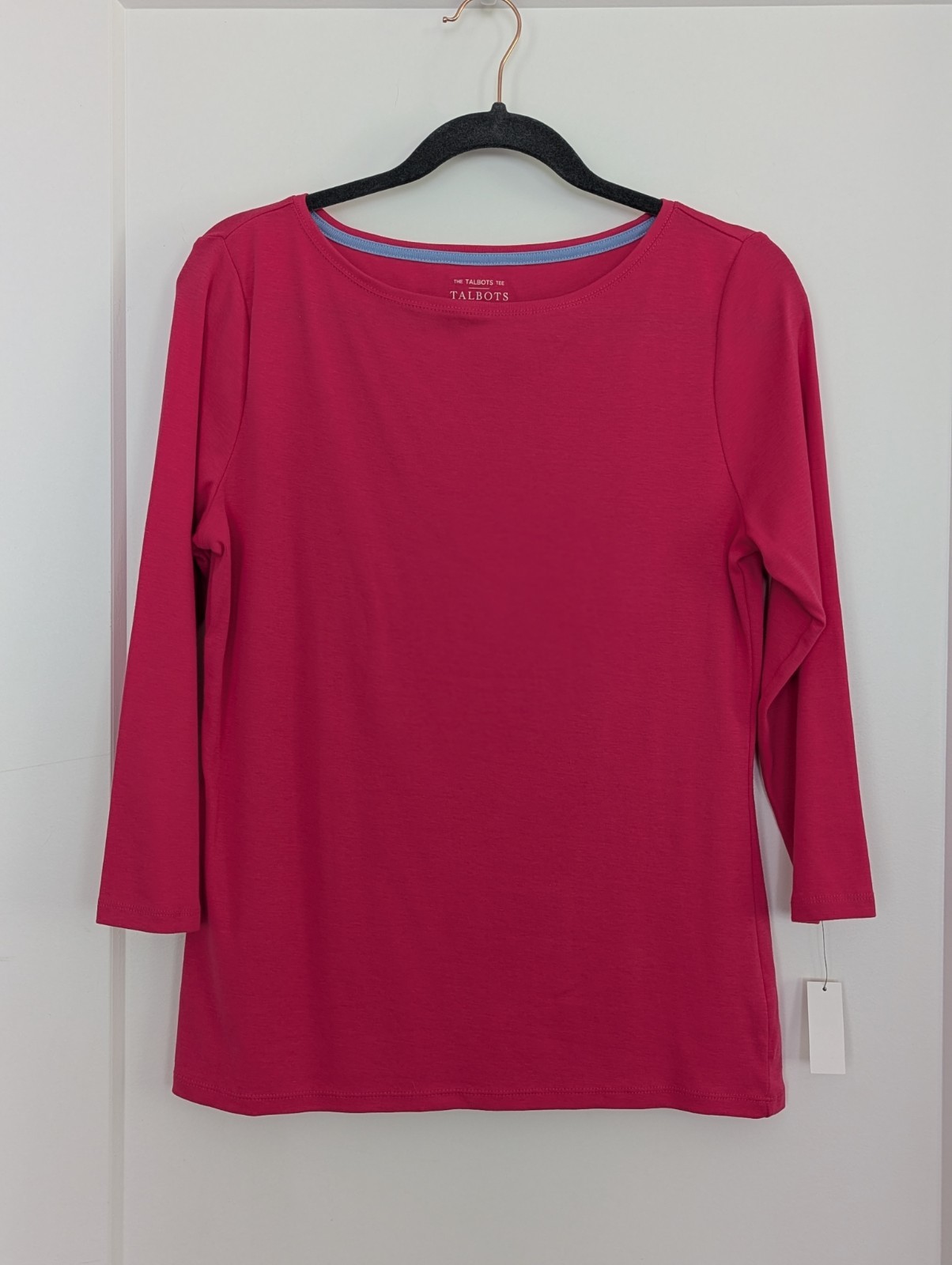 Talbots NWT Pima Cotton Bateau Boat Neck Tee 3/4 Sleeve Pink Fuchsia M Classic