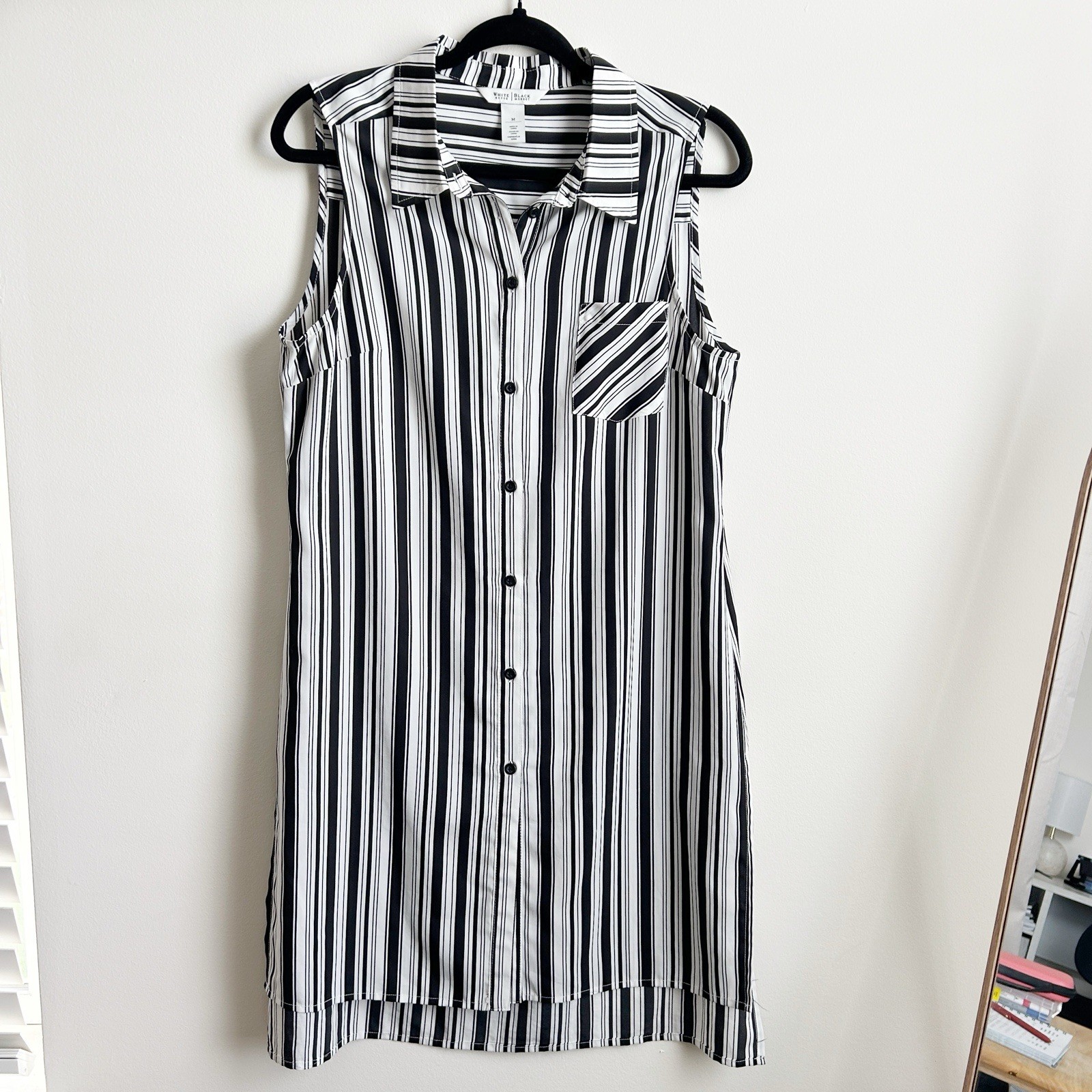 White House Black Market Size M Black White Striped Button Up Dress