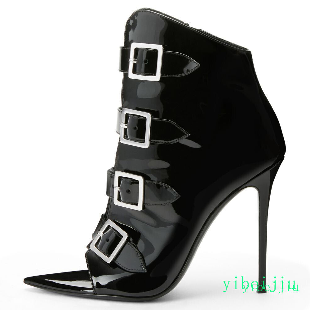 Gladiator Peep Toe Ankle Boots Women’s Patent Shiny Leather High Heel Plus Size