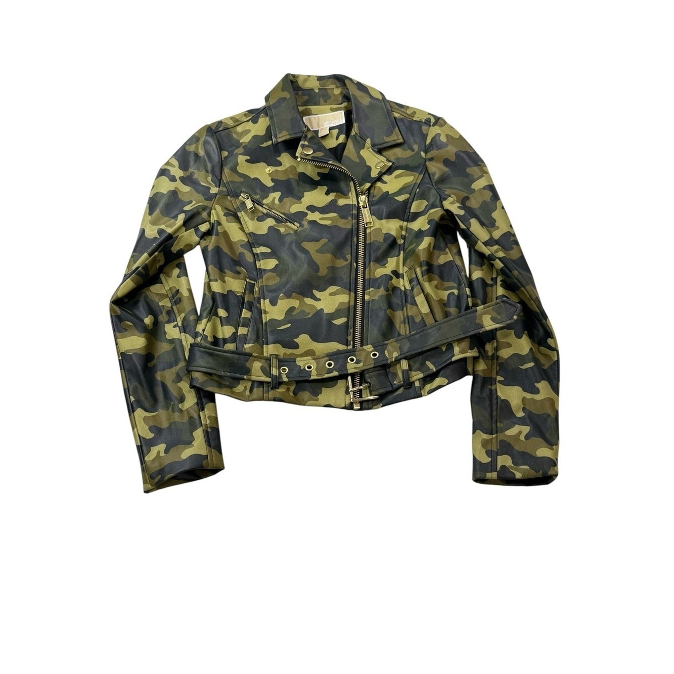 Michael Kors Green Camouflage Faux Leather Moto Jacket Womens Size XS